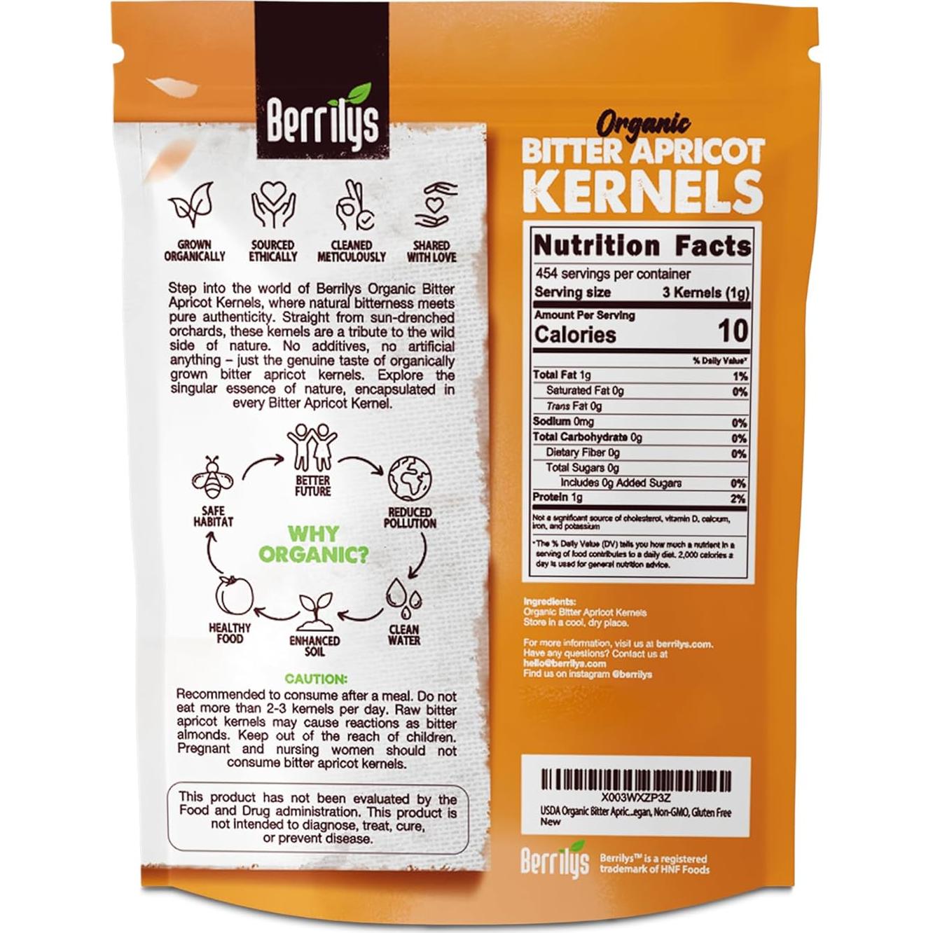 Núcleos de Albaricoque Amargo Orgánico Berrilys 453 g - Sin Aditivos