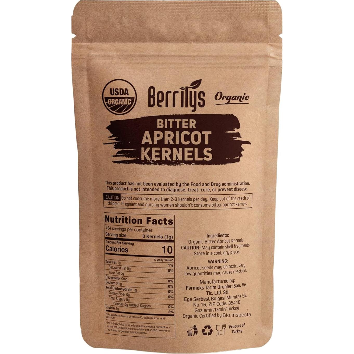 Núcleos de Albaricoque Amargo Orgánico Berrilys 454 g - Sin Aditivos