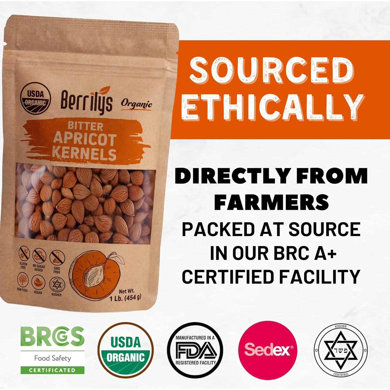 Núcleos de Albaricoque Amargo Orgánico Berrilys 454 g - Sin Aditivos