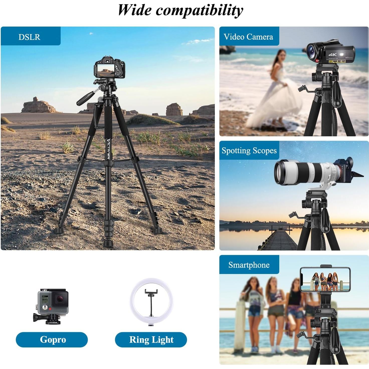 Trípode Profesional VICTIV 74" Aluminio para Cámara y Teléfono