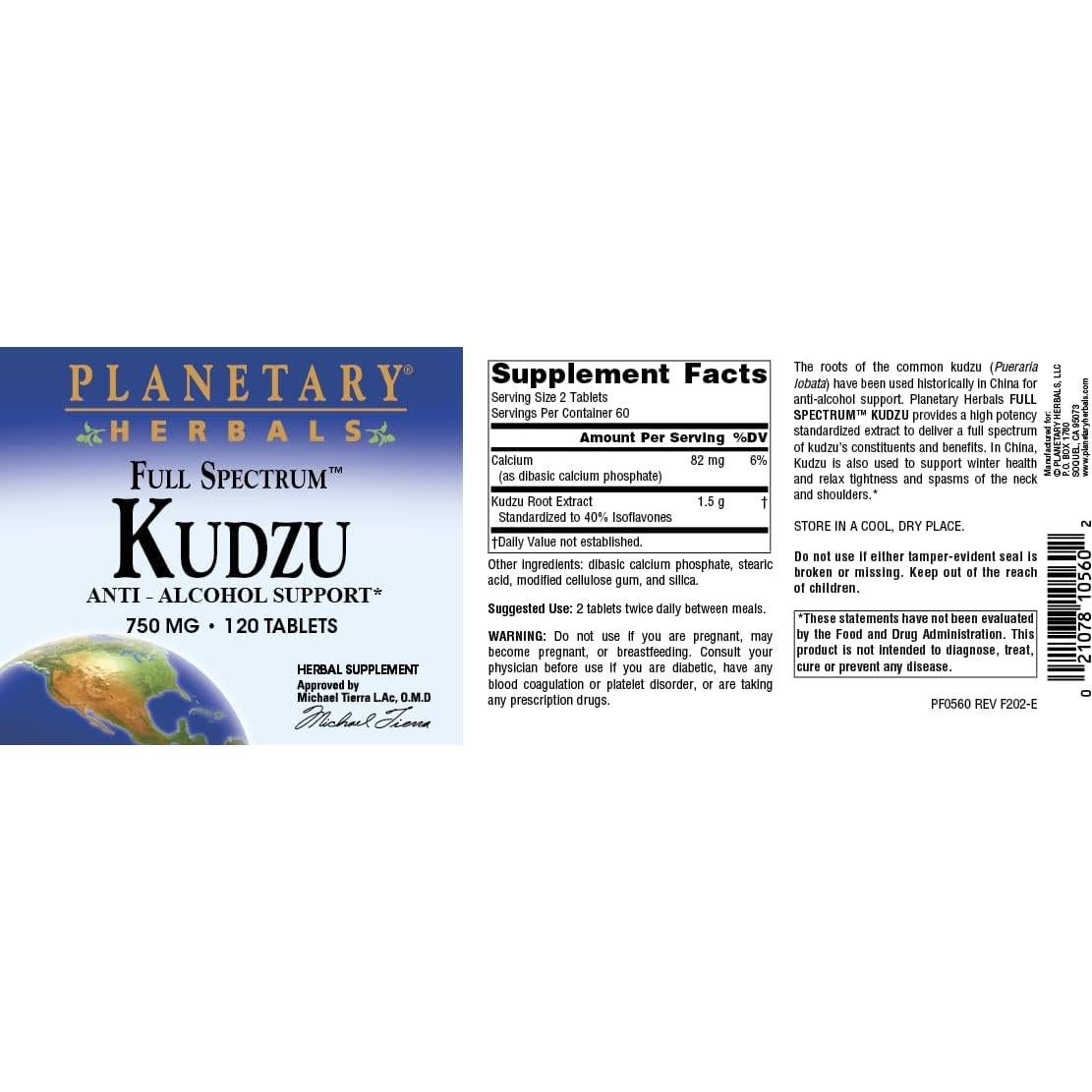 Tabletas de Kudzu Espectro Completo Planetary Herbals 120 Unidades