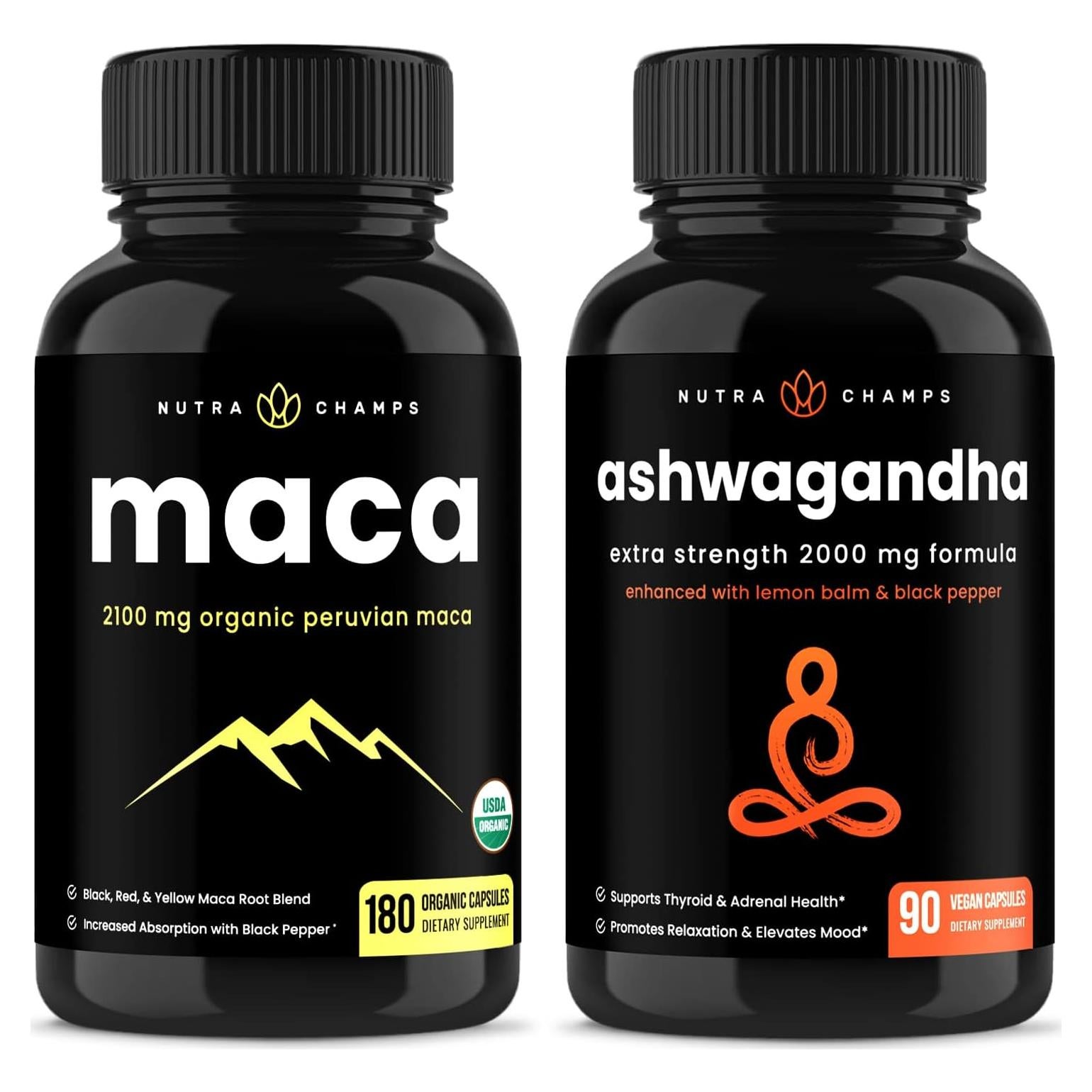 Paquete de Suplementos NutraChamps: Maca 2100mg + Ashwagandha 2000mg