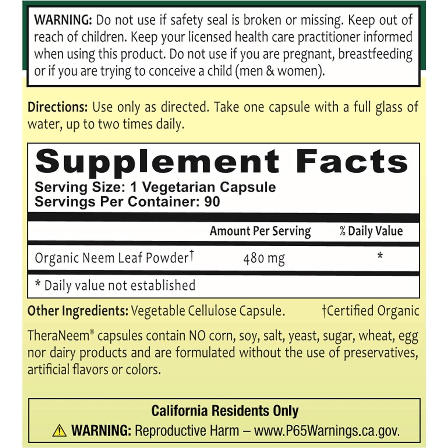 Cápsulas de Neem TheraNeem - 90 VegCaps Antioxidantes Vegano