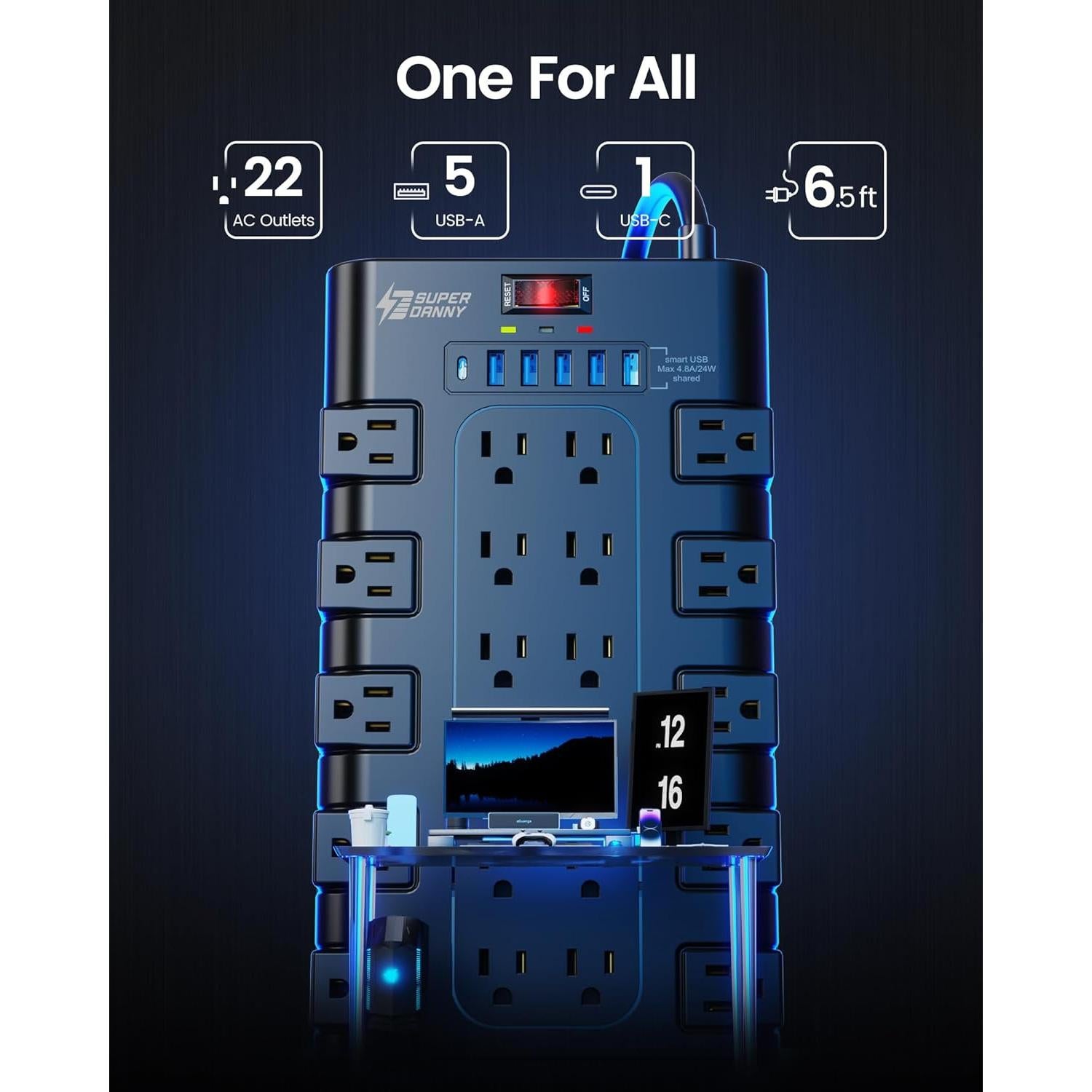 Regleta SUPERDANNY 22 Salidas AC y 6 USB 1.98m Negra