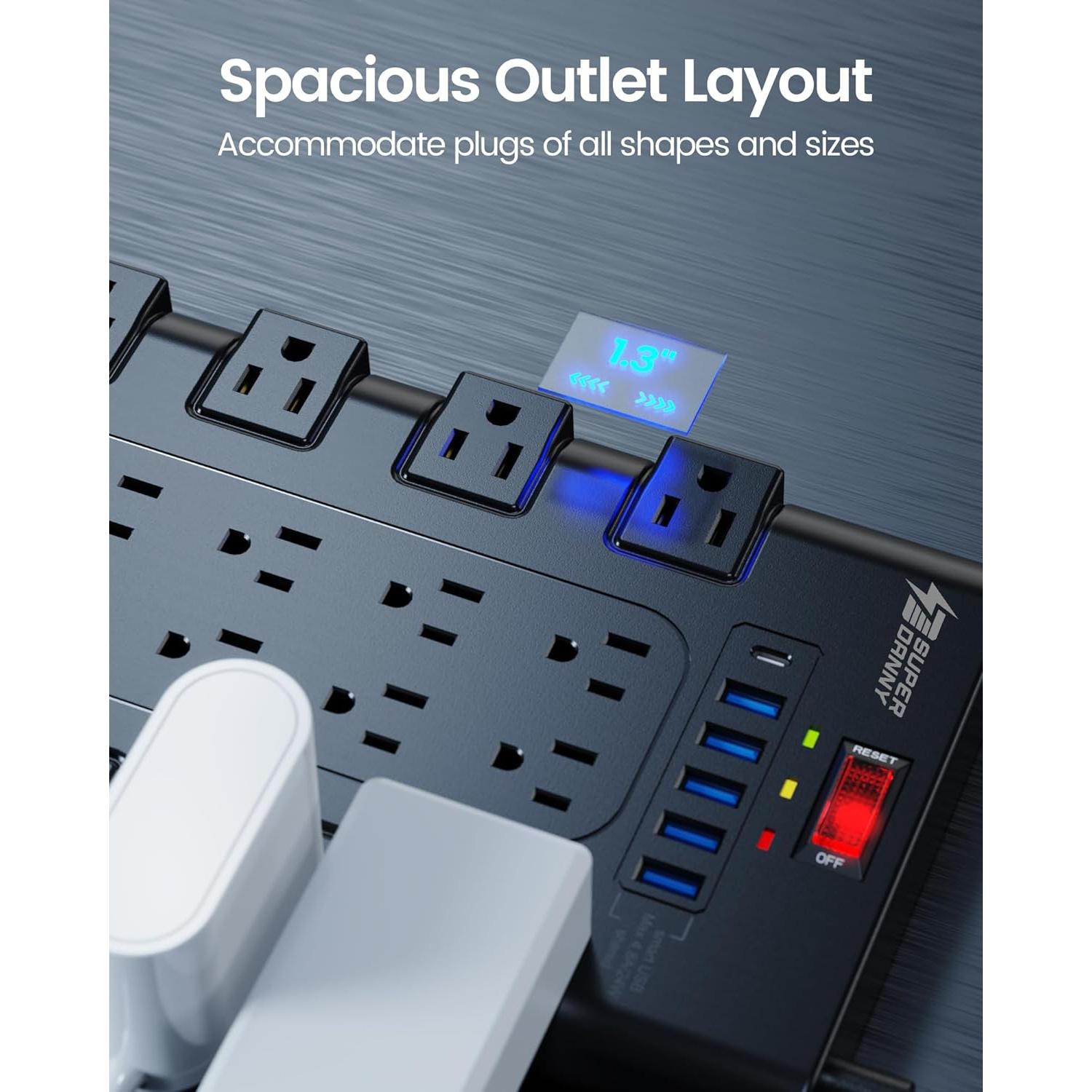 Regleta SUPERDANNY 22 Salidas AC y 6 USB 1.98m Negra