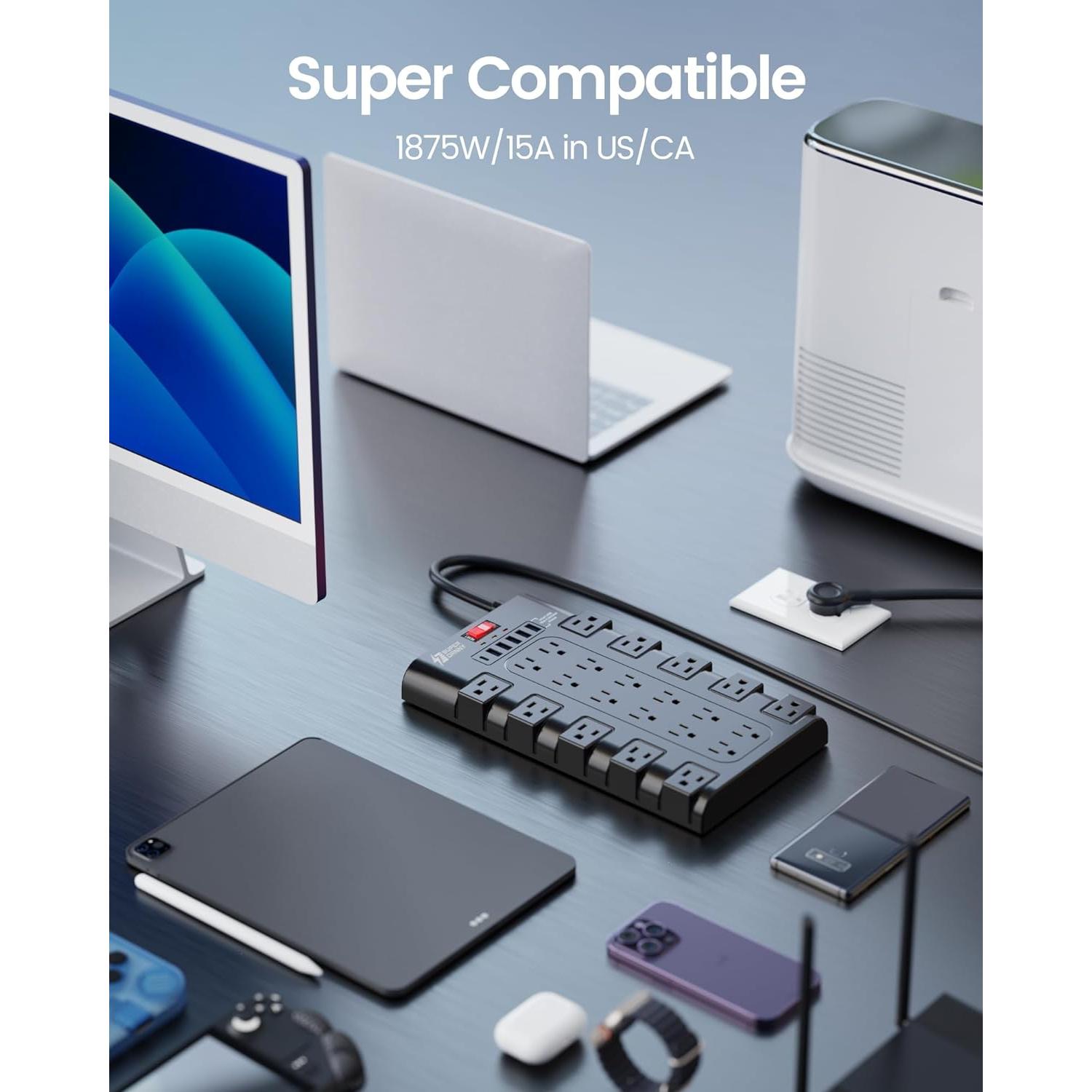 Regleta SUPERDANNY 22 Salidas AC y 6 USB 1.98m Negra