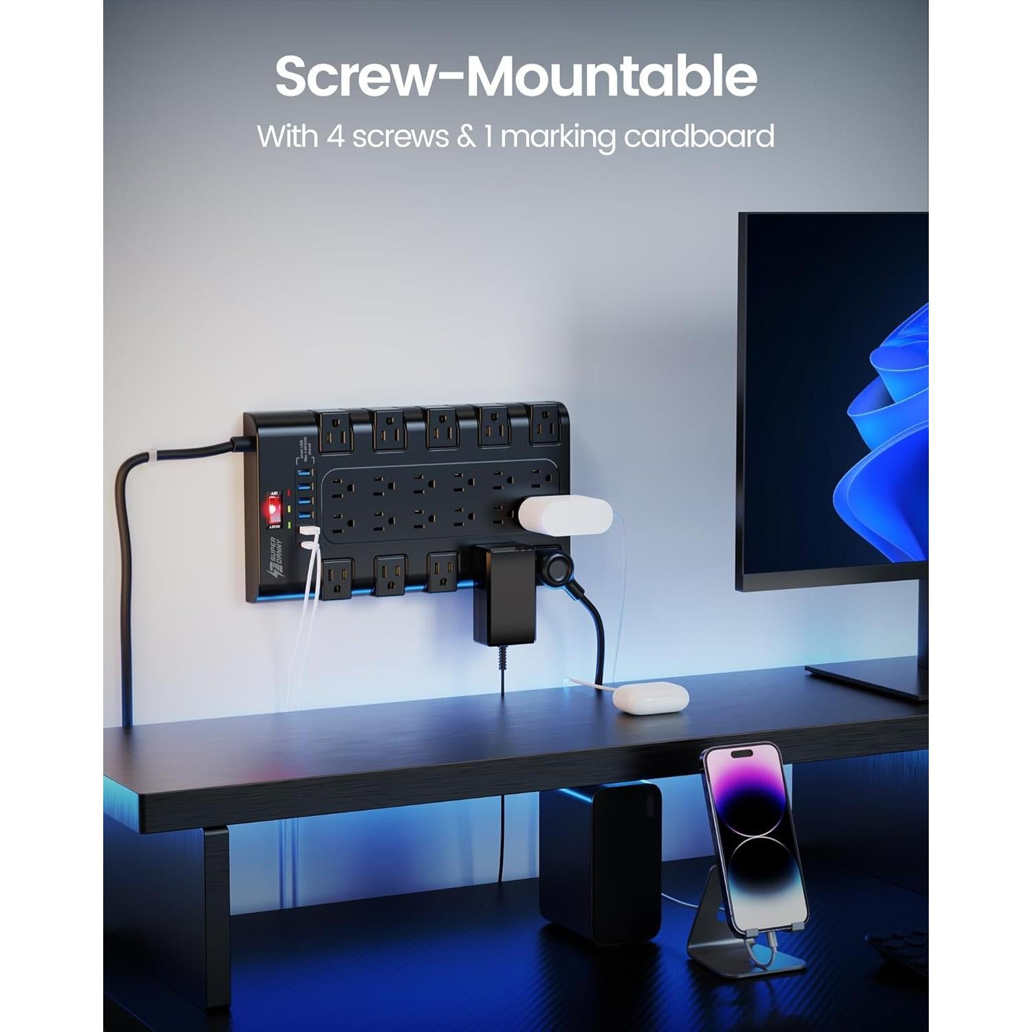 Regleta SUPERDANNY 22 Salidas AC y 6 USB 1.98m Negra