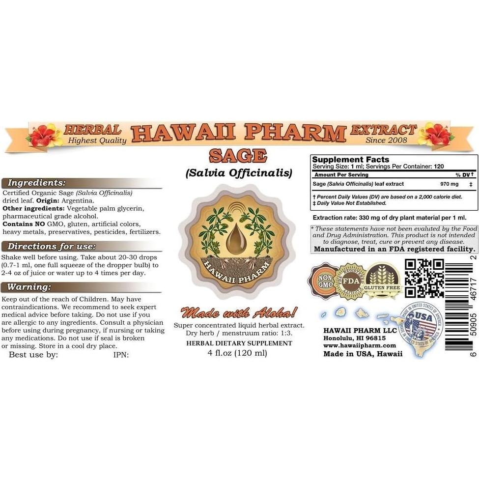 Extracto Líquido de Salvia Orgánica Hawaii Pharm 15x118ml