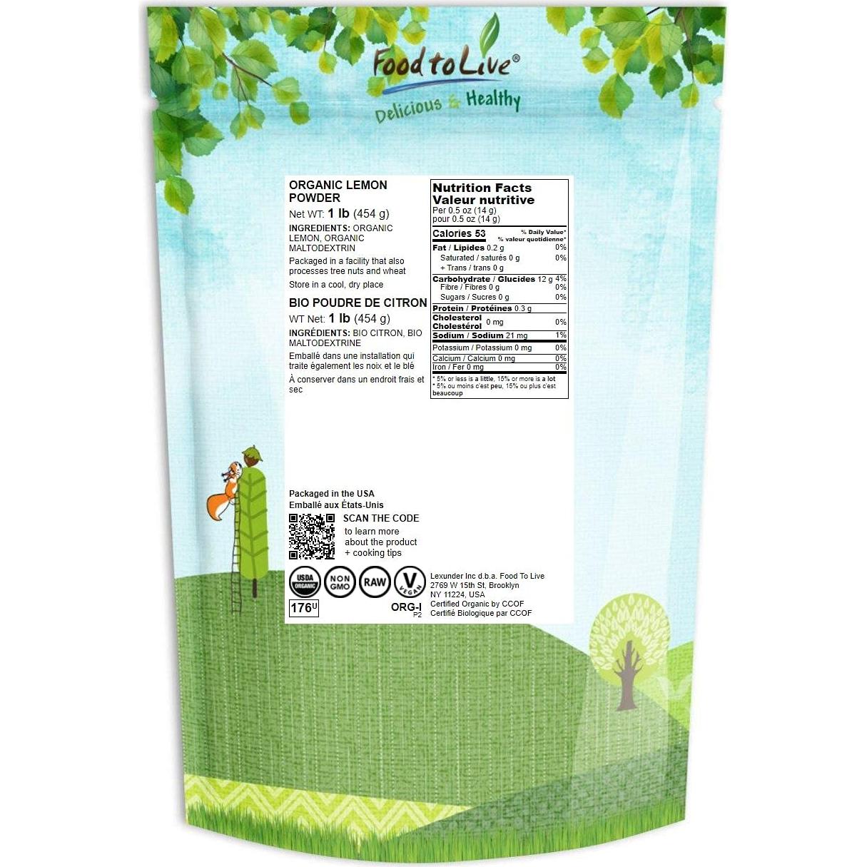 Polvo de Limón Orgánico Food to Live 0.45 kg - Sin Sulfitos