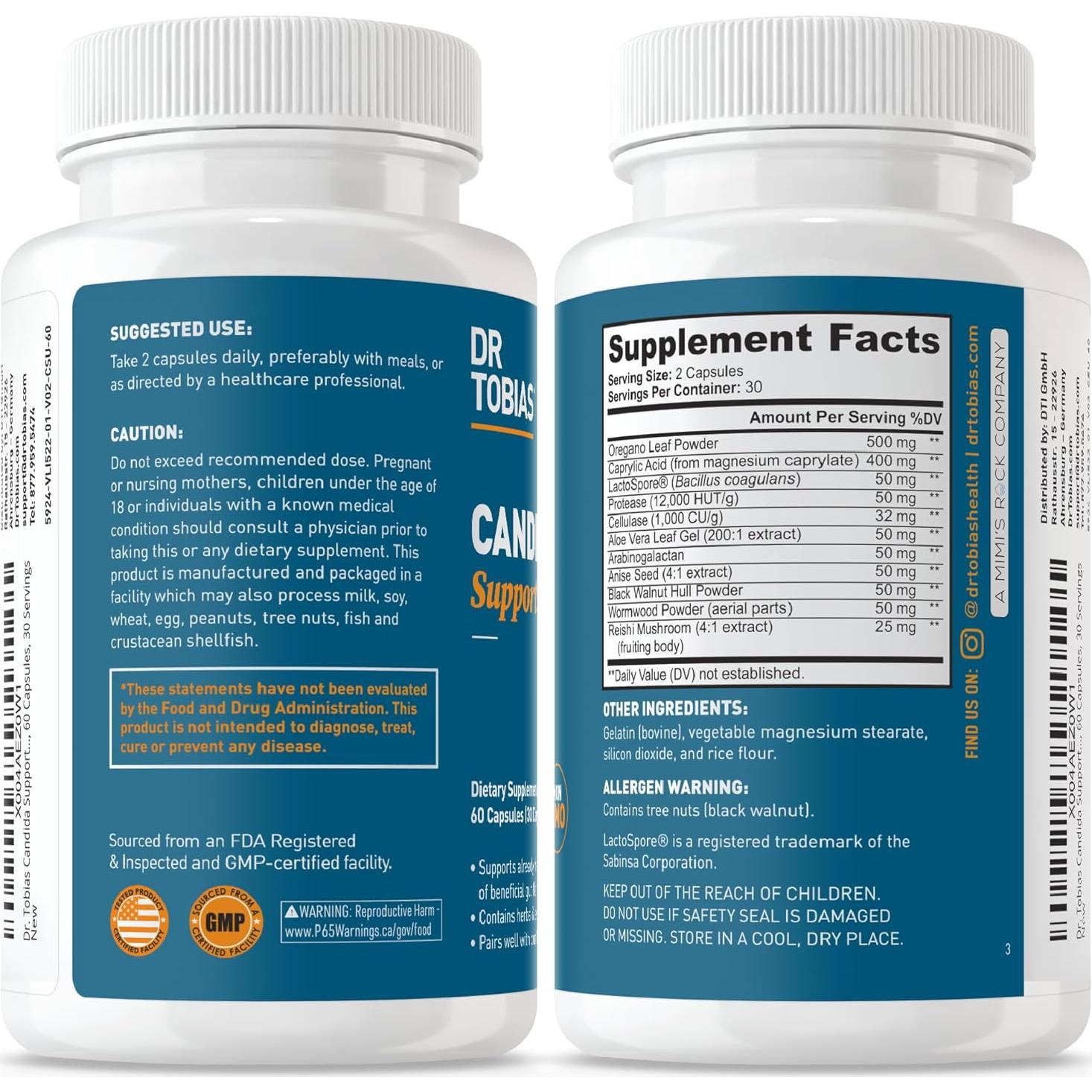 Suplemento de Soporte de Cándida Dr. Tobias, 60 Cápsulas