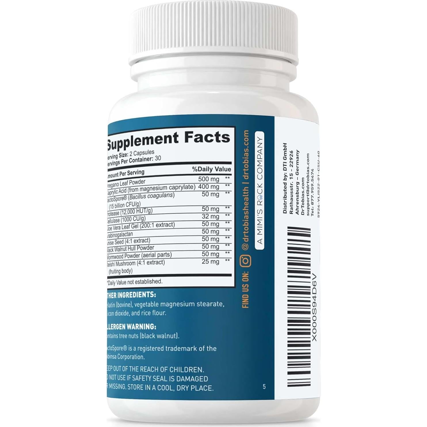 Suplemento de Soporte de Cándida Dr. Tobias, 60 Cápsulas