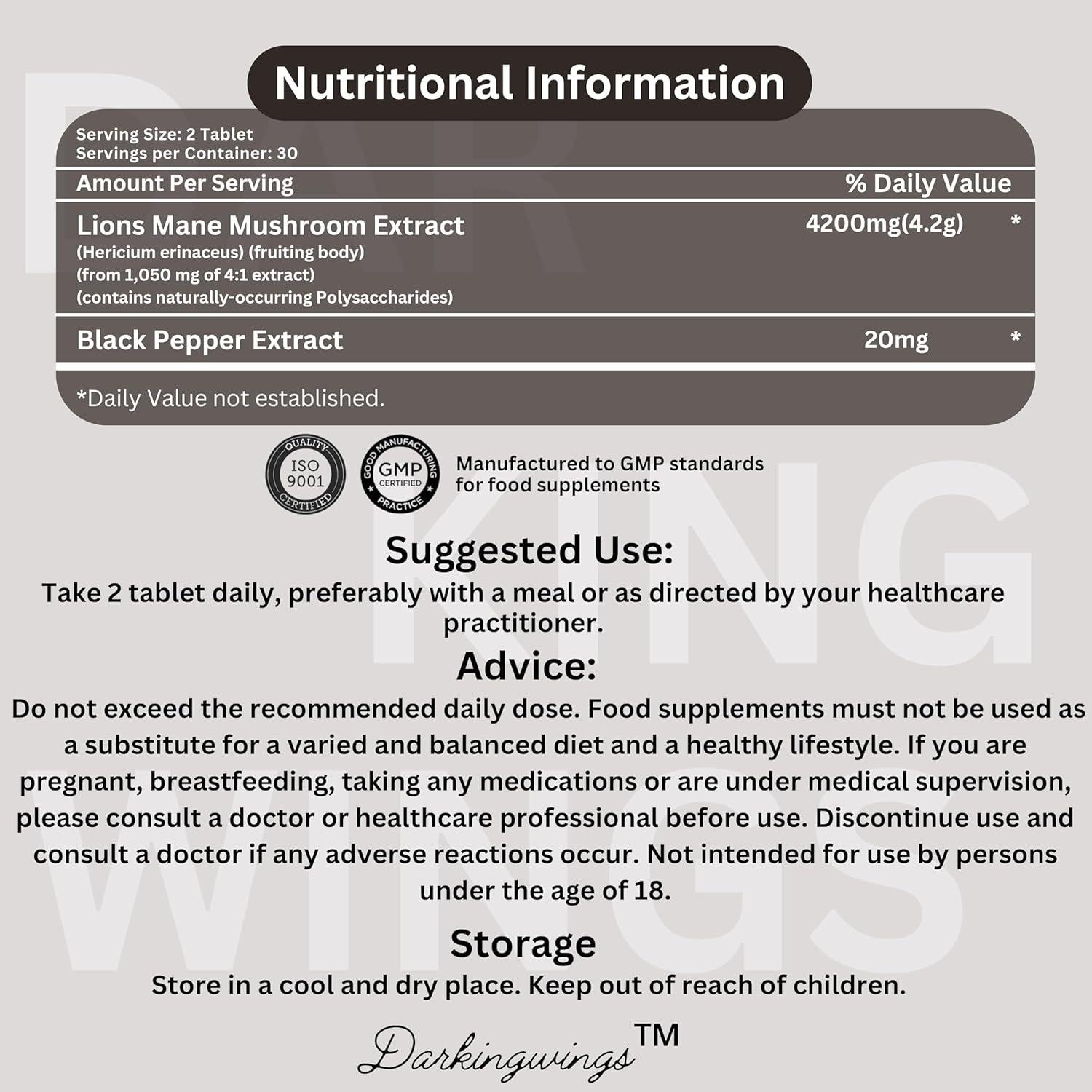 Cápsulas de Melena de León Orgánicas Darkingwings 500 mg - 60 Unidades