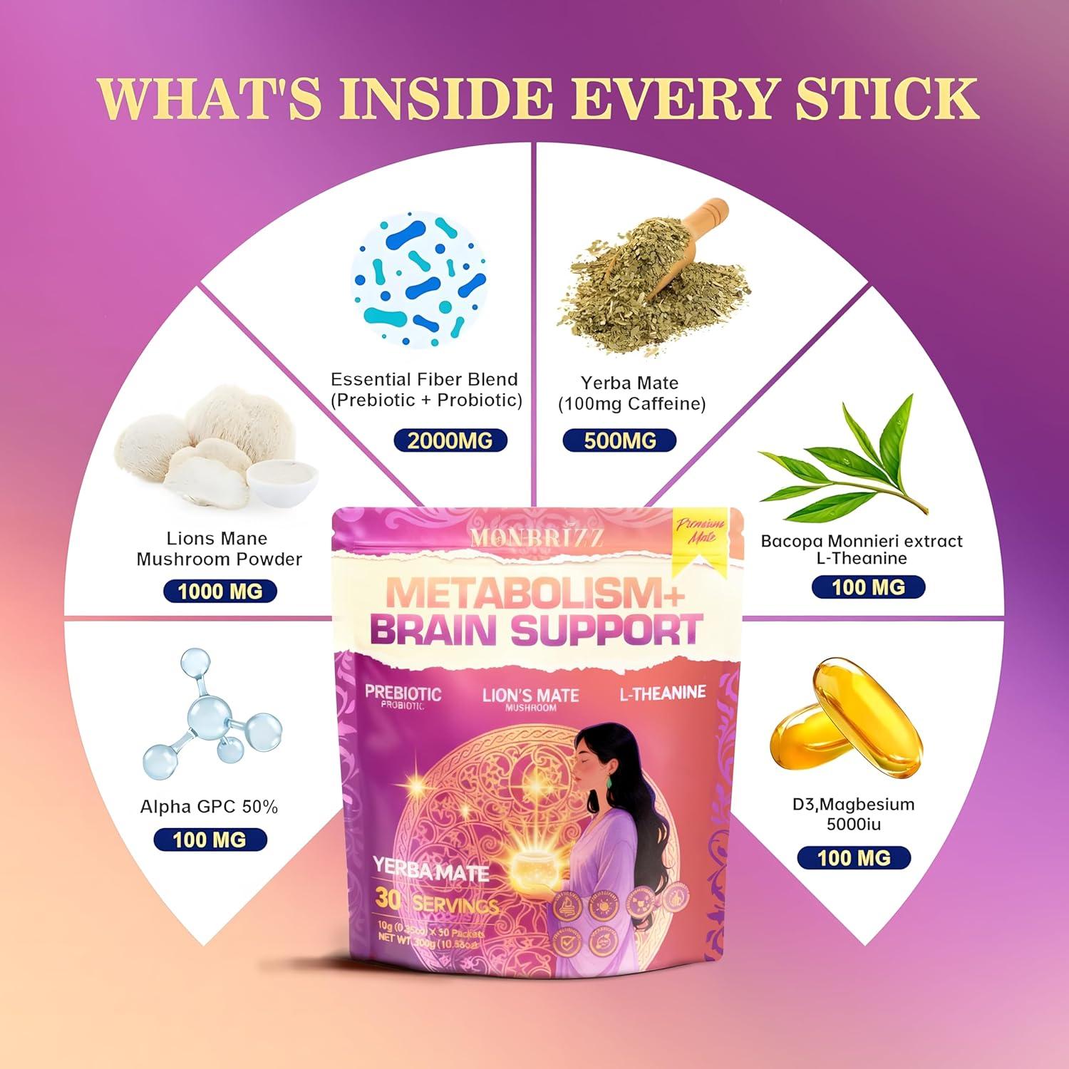 Monbrizz Yerba Mate Instantáneo en Polvo 30 Paquetes Sabor Fresa