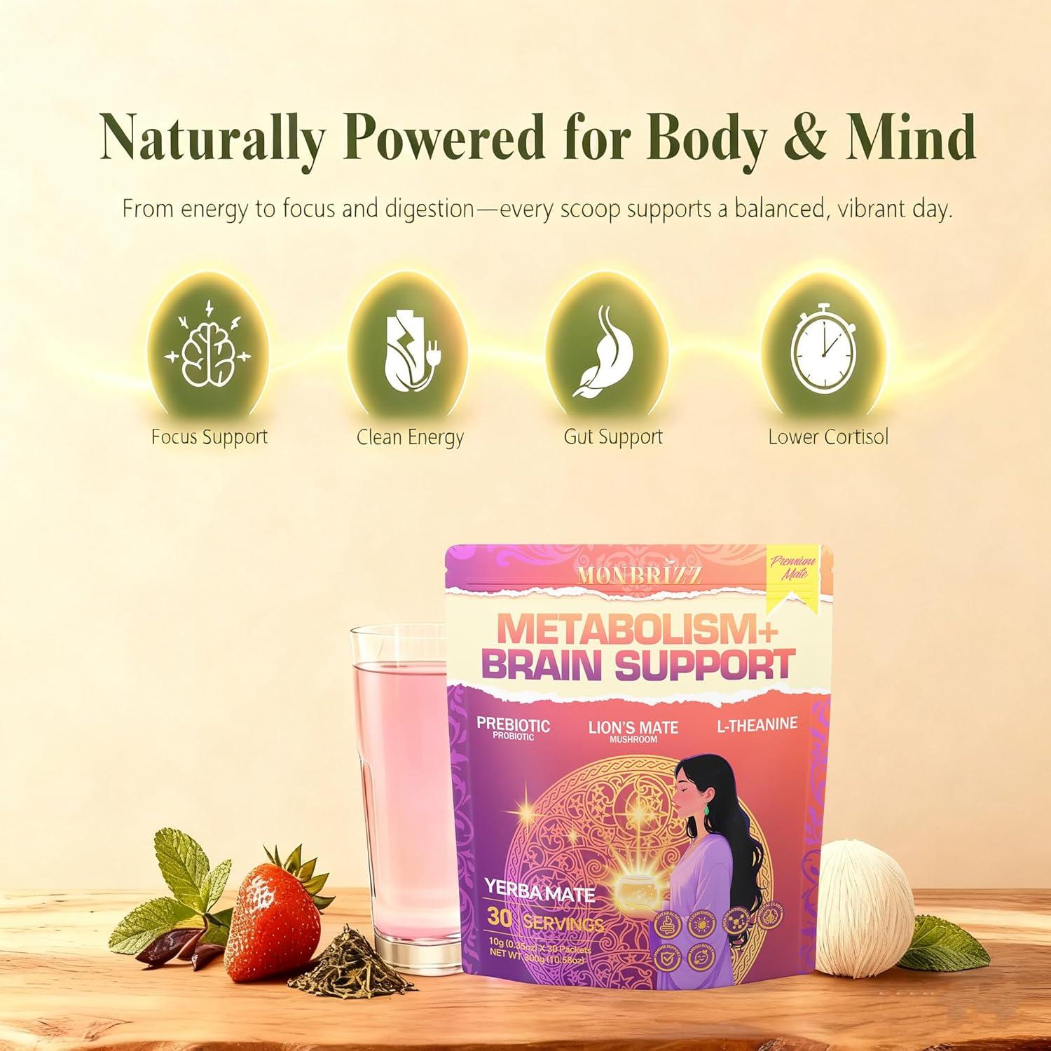 Monbrizz Yerba Mate Instantáneo en Polvo 30 Paquetes Sabor Fresa