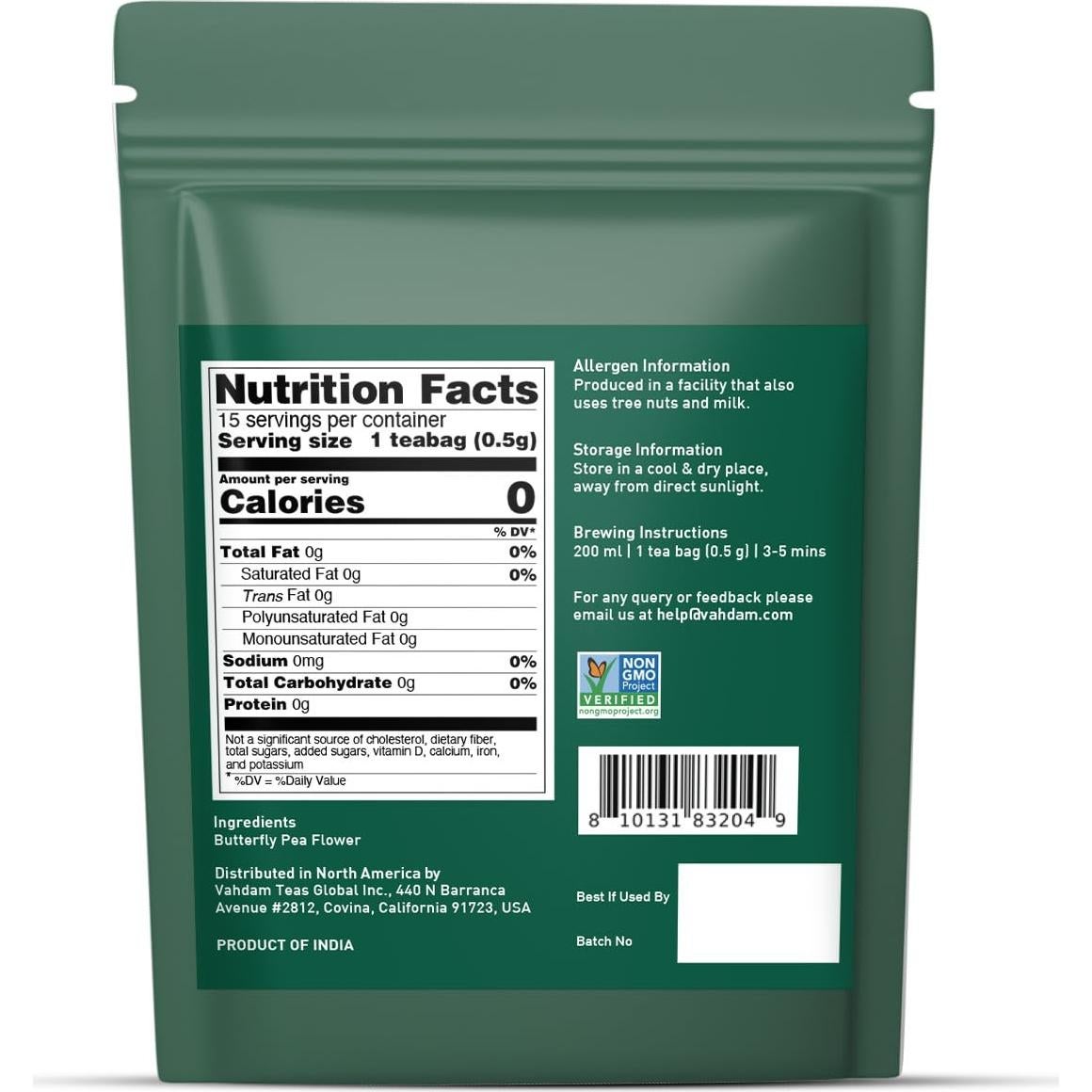 Té Herbal VAHDAM Flor de Guisante Mariposa 15 Bolsitas