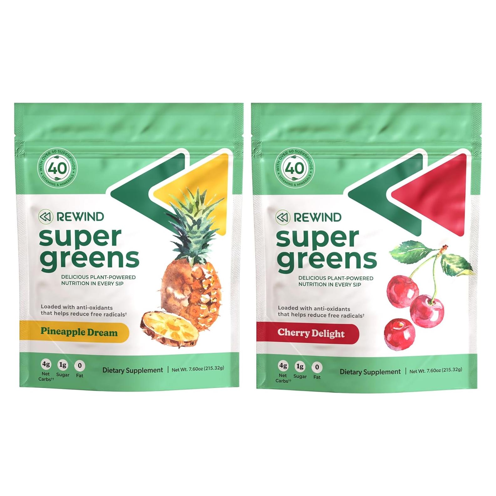 Rewind Super Greens Polvo Verde Piña y Cereza - 40 Superalimentos