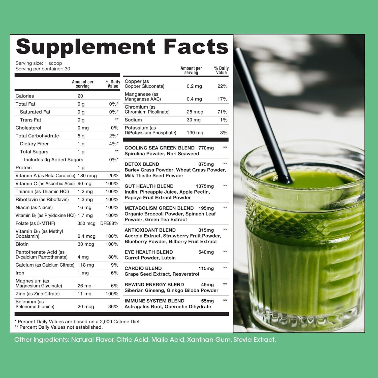 Rewind Super Greens Polvo Verde Piña y Cereza - 40 Superalimentos