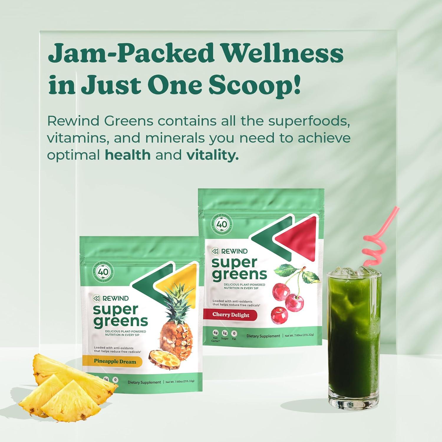 Rewind Super Greens Polvo Verde Piña y Cereza - 40 Superalimentos