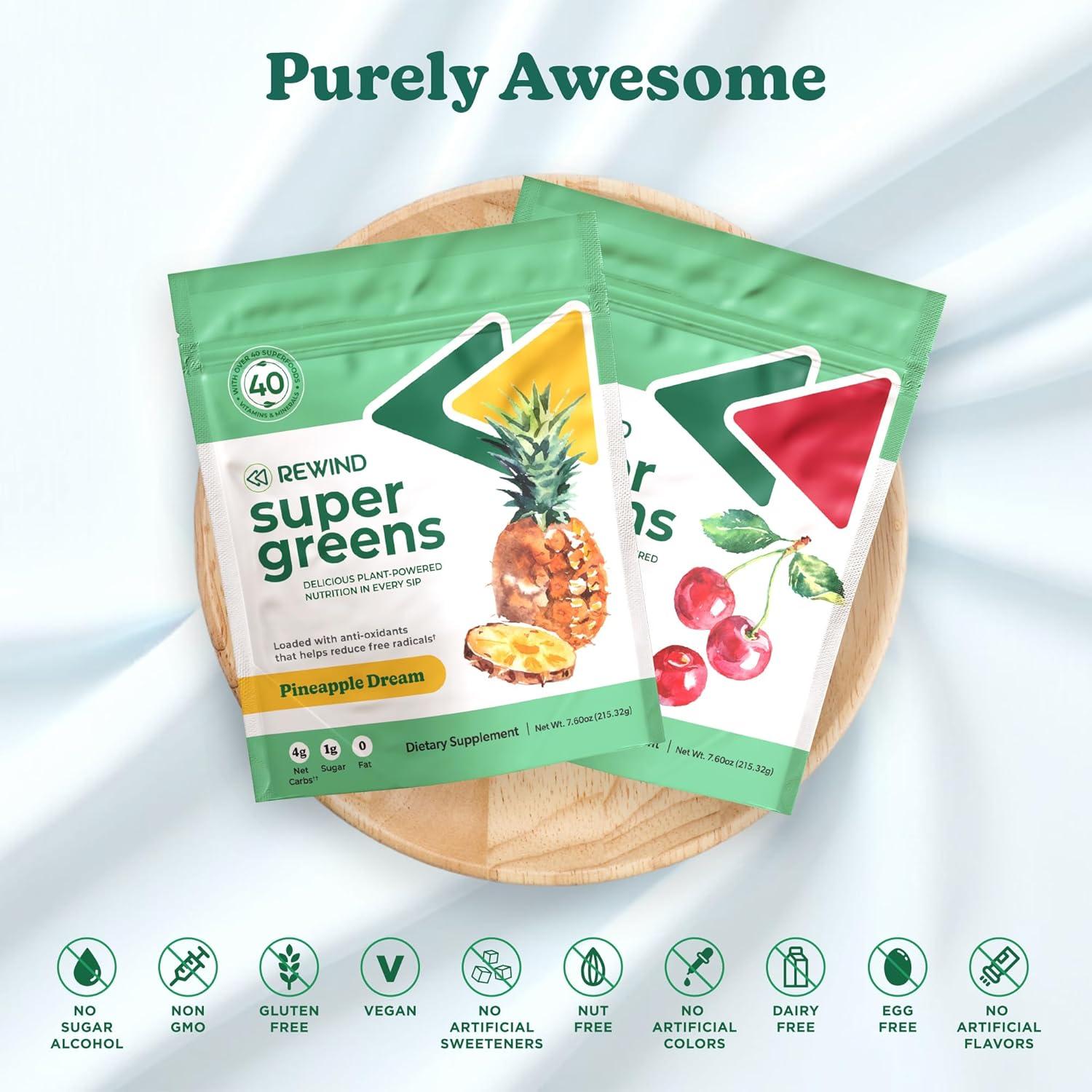 Rewind Super Greens Polvo Verde Piña y Cereza - 40 Superalimentos