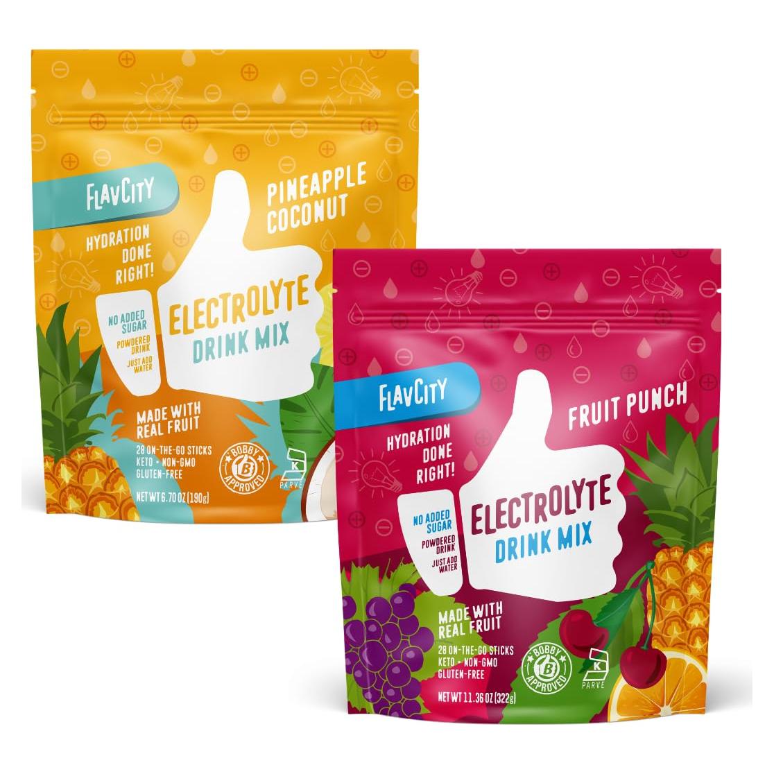 Paquetes de Polvo de Electrolitos FlavCity Sabor Frutas y Coco de Piña - 28 Paquetes de 18g