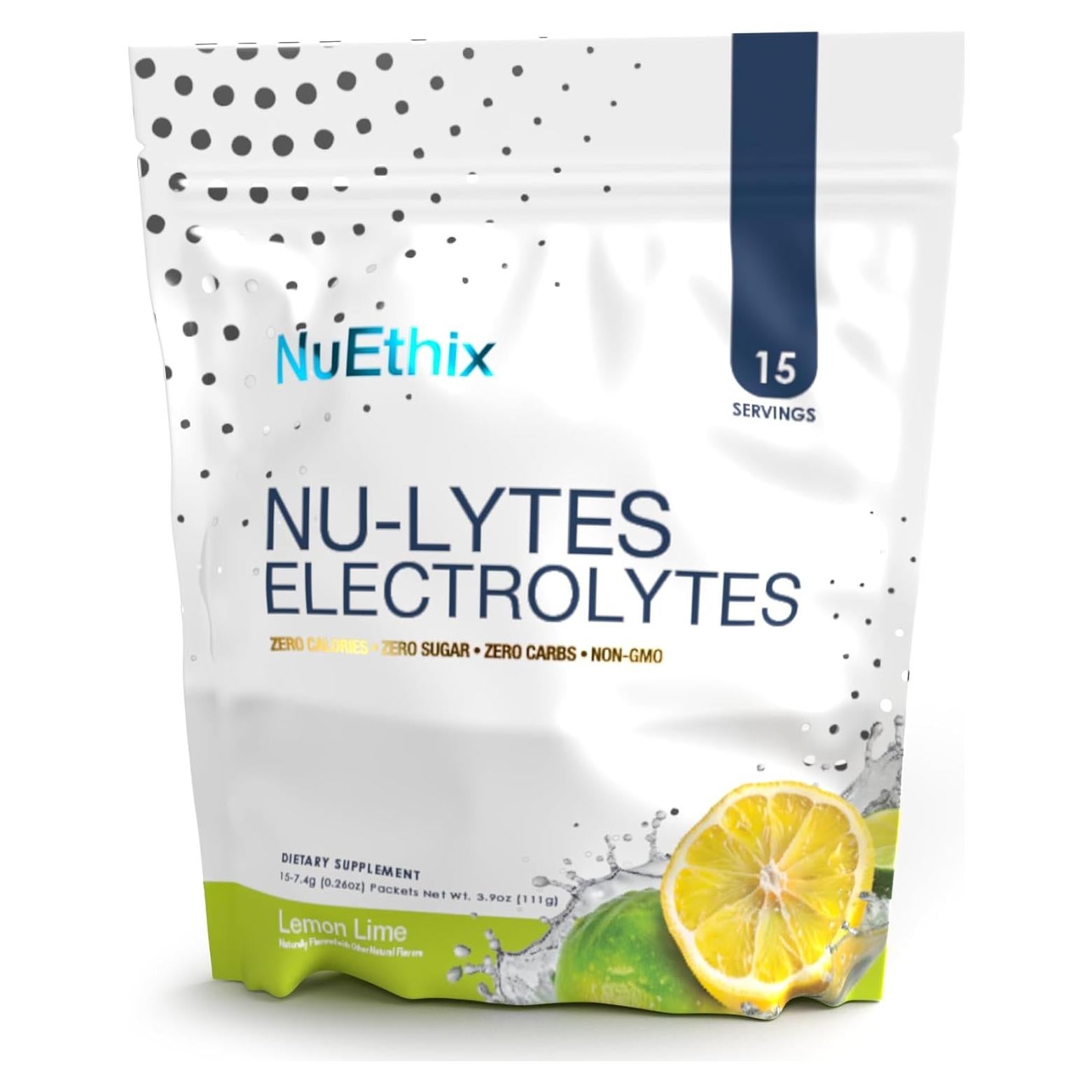 Paquetes de Electrolitos NuEthix Limón Lima, 15 Porciones, Cero Calorías
