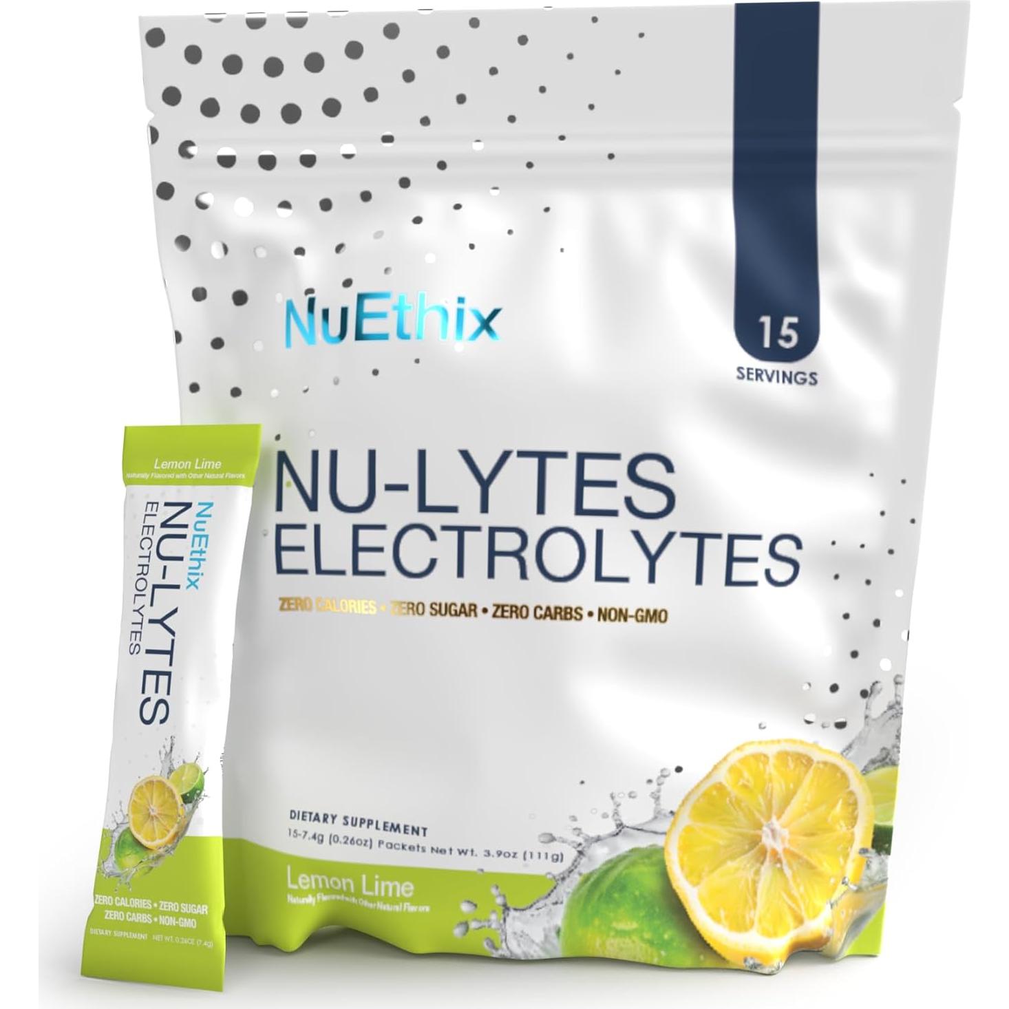 Paquetes de Electrolitos NuEthix Limón Lima, 15 Porciones, Cero Calorías
