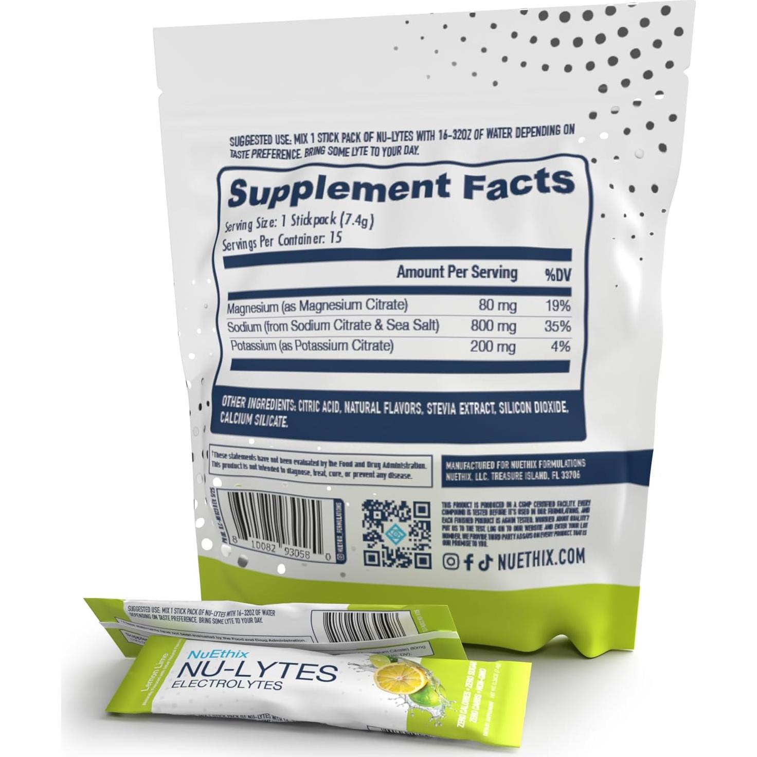 Paquetes de Electrolitos NuEthix Limón Lima, 15 Porciones, Cero Calorías