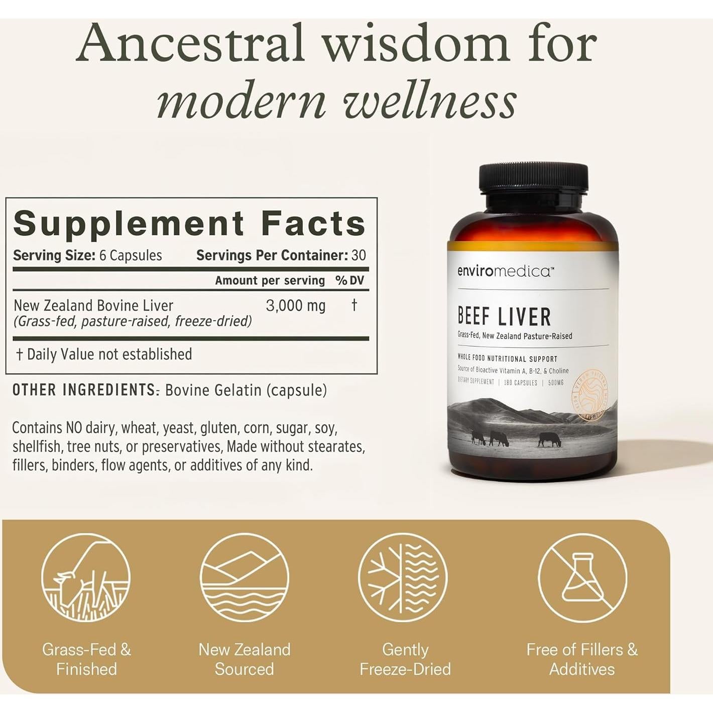 Cápsulas de Hígado de Res Enviromedica 180 Unidades - Suplemento Natural