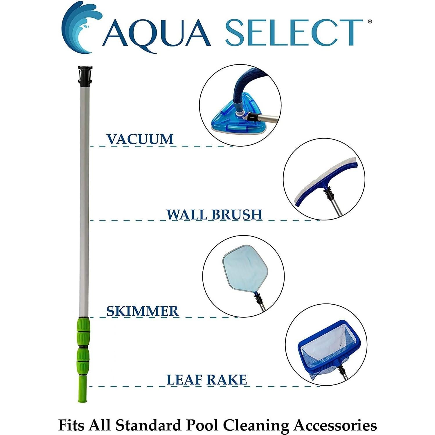 Kit de Mantenimiento de Piscinas Aqua Select | Polo Telescópico 2.13m, Cepillo y Rastrillo