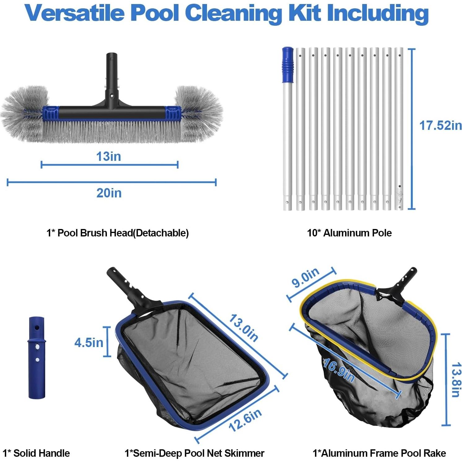 Kit de Limpieza de Piscina 5 en 1 Poolvio - Cepillo 0.51 m, Polo 3.96 m