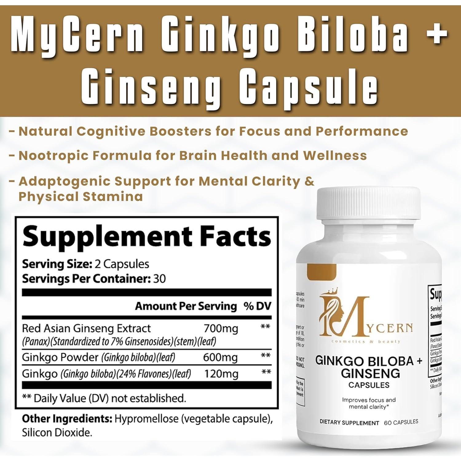 Suplemento Herbal Ginkgo Biloba y Ginseng Panax Rojo 60 Cápsulas