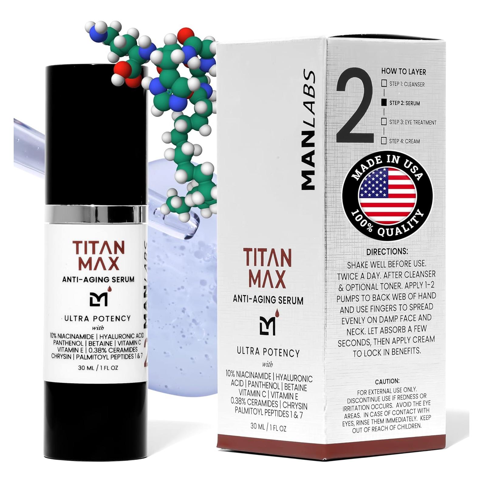 Suero Facial Anti-Envejecimiento Titan MAX para Hombres - 10% Niacinamida, Ácido Hialurónico