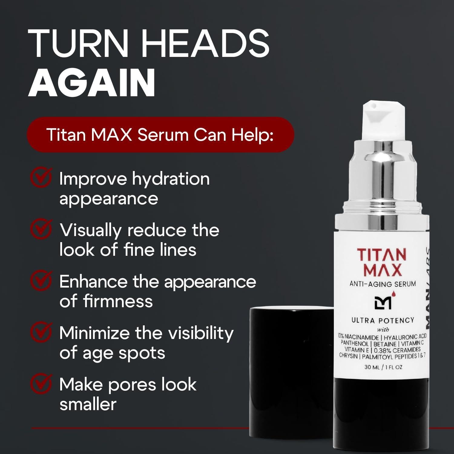 Suero Facial Anti-Envejecimiento Titan MAX para Hombres - 10% Niacinamida, Ácido Hialurónico
