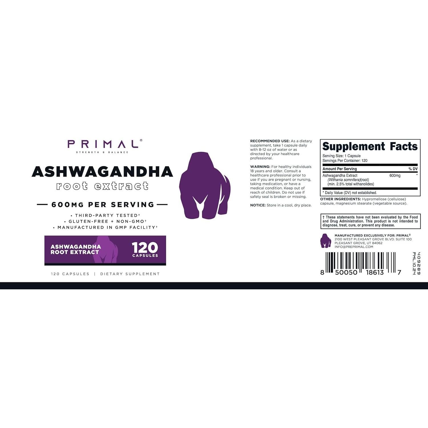 Extracto de Raíz de Ashwagandha Primal 600mg 120 Cápsulas