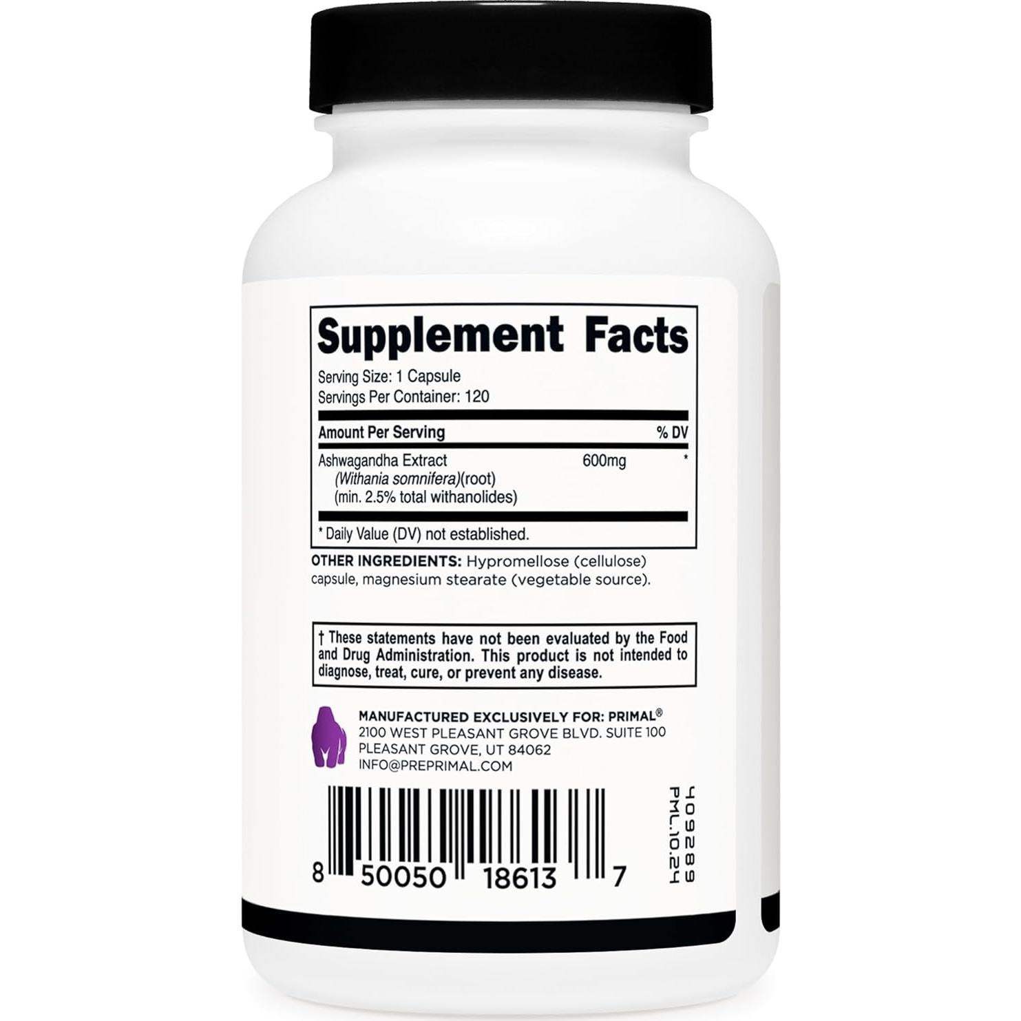 Extracto de Raíz de Ashwagandha Primal 600mg 120 Cápsulas