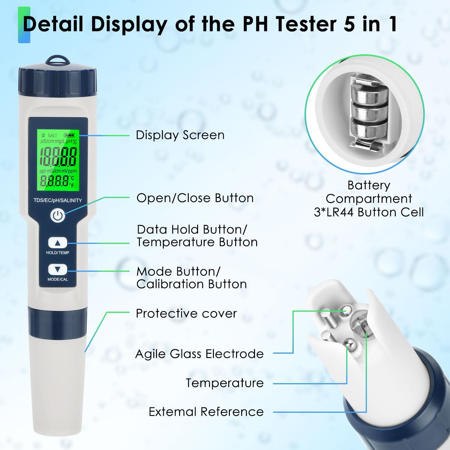 Medidor de pH 5 en 1 SHTALHST para Agua, TDS, EC y Temperatura