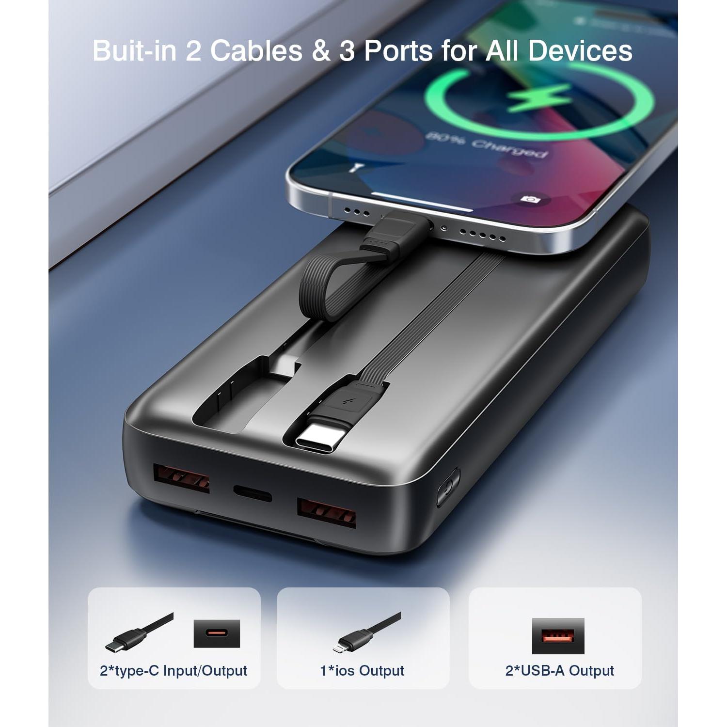 Portable Charger 35000mAh Power Bank - 5 Outputs & 2 Inputs USB-C 22.5W Fast Charging Battery Pack with Built-in Cables and Ports Compatible with Most of Cellphones and Devices, for Travel Camping