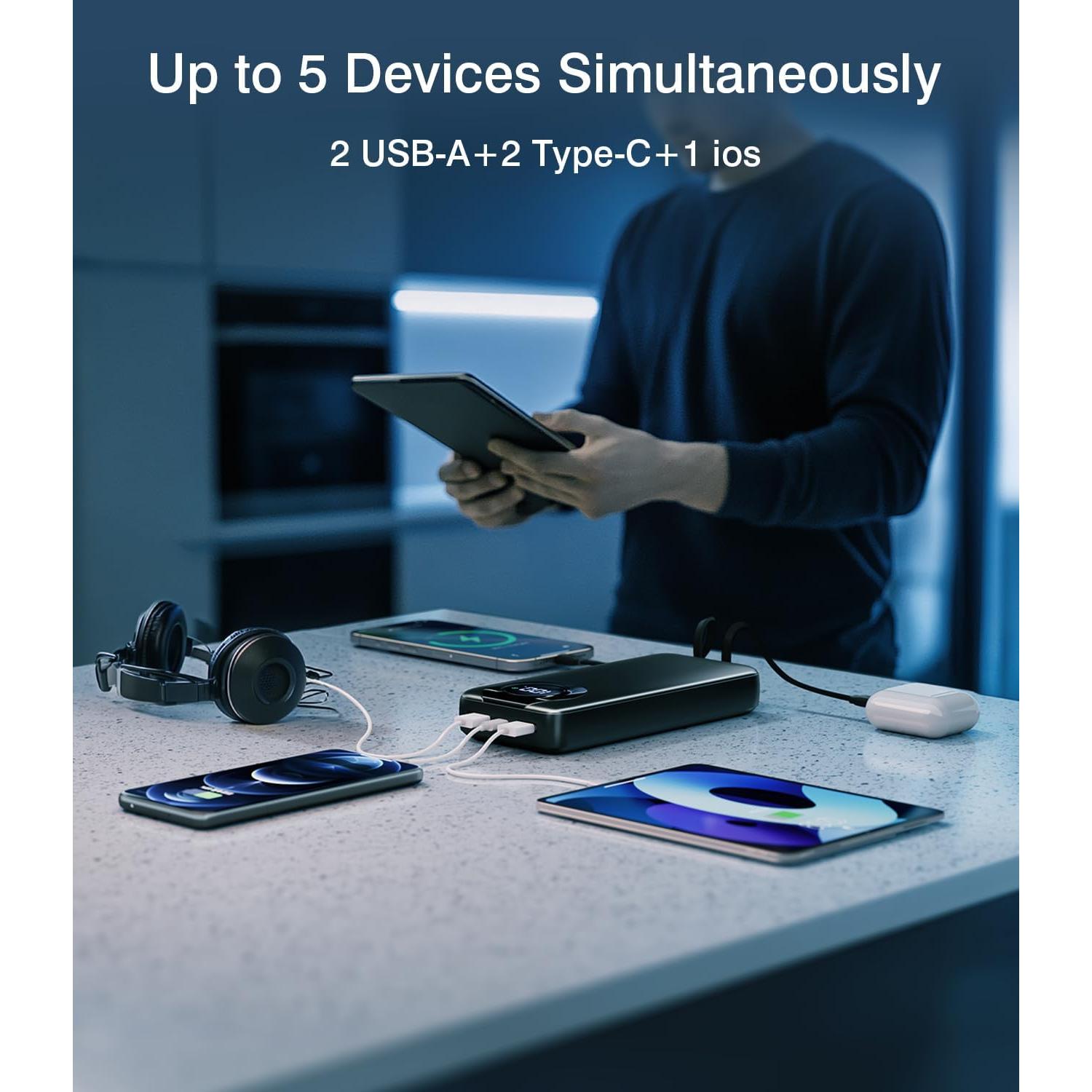 Portable Charger 35000mAh Power Bank - 5 Outputs & 2 Inputs USB-C 22.5W Fast Charging Battery Pack with Built-in Cables and Ports Compatible with Most of Cellphones and Devices, for Travel Camping