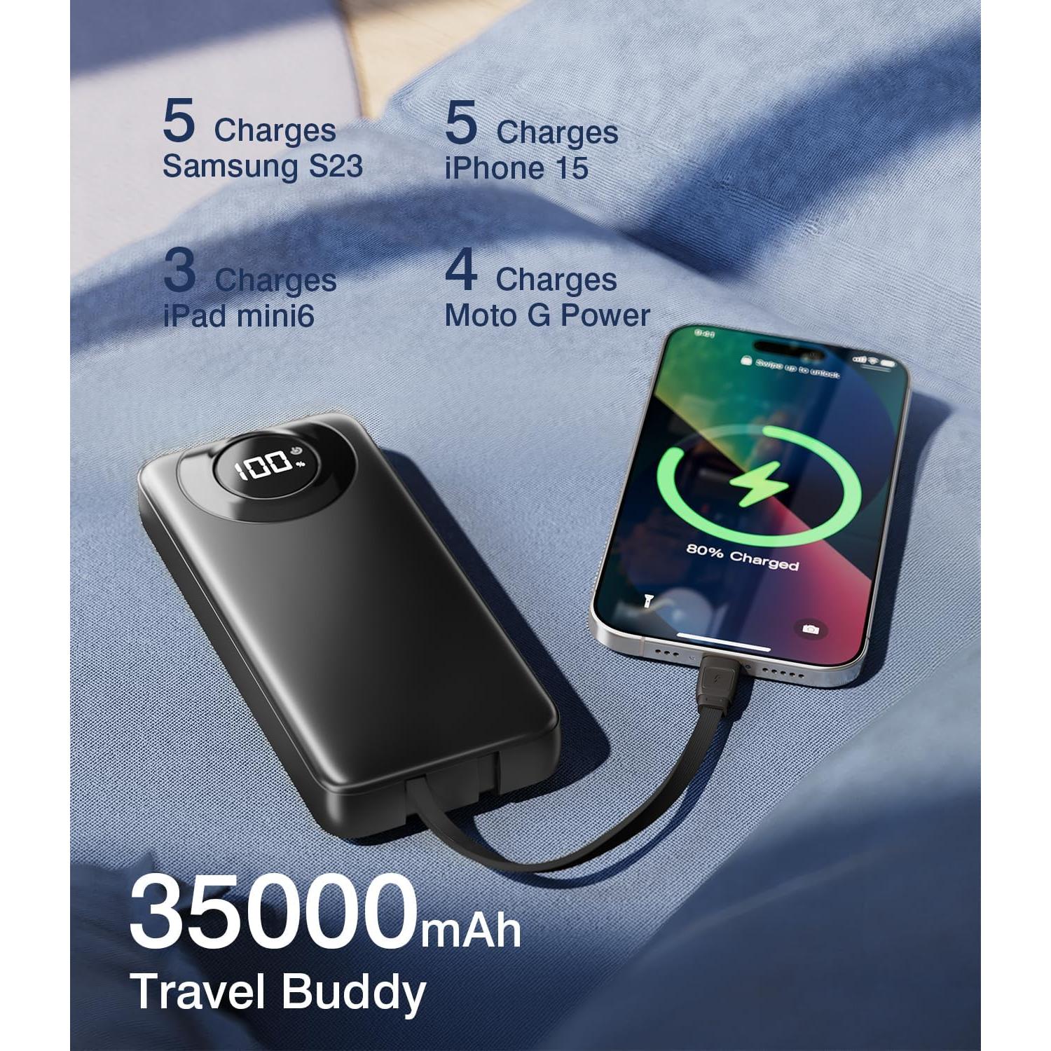 Portable Charger 35000mAh Power Bank - 5 Outputs & 2 Inputs USB-C 22.5W Fast Charging Battery Pack with Built-in Cables and Ports Compatible with Most of Cellphones and Devices, for Travel Camping