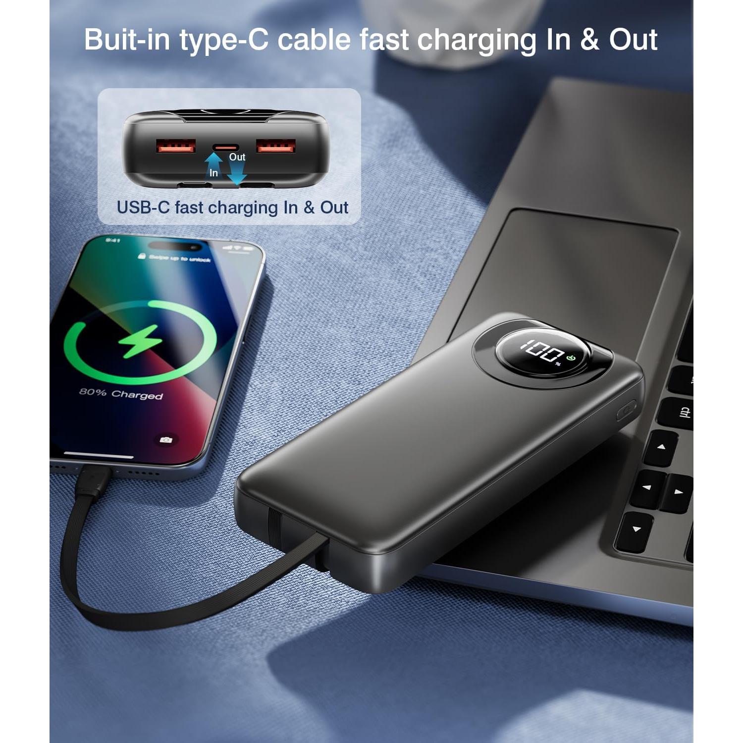 Portable Charger 35000mAh Power Bank - 5 Outputs & 2 Inputs USB-C 22.5W Fast Charging Battery Pack with Built-in Cables and Ports Compatible with Most of Cellphones and Devices, for Travel Camping