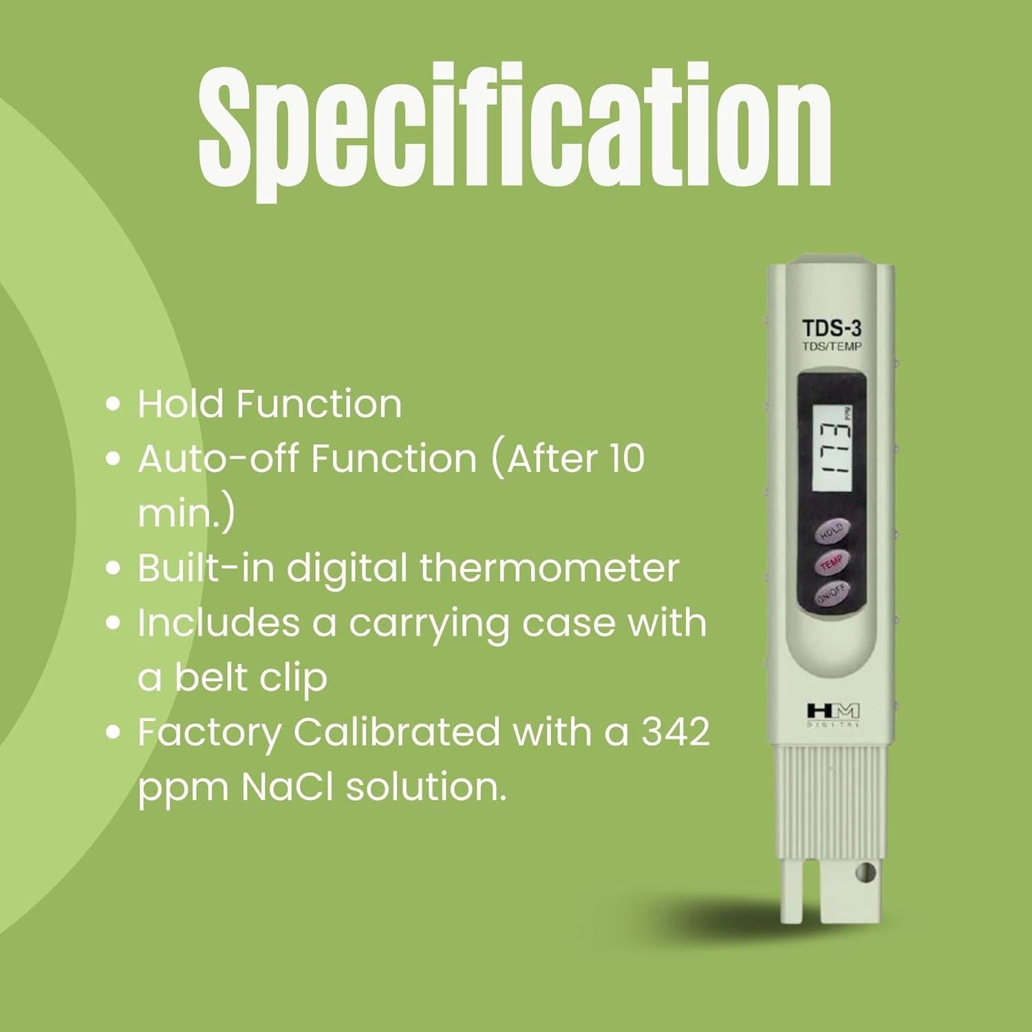 Medidor de TDS HM Digital TDS-3 con Estuche, 0-9990 ppm