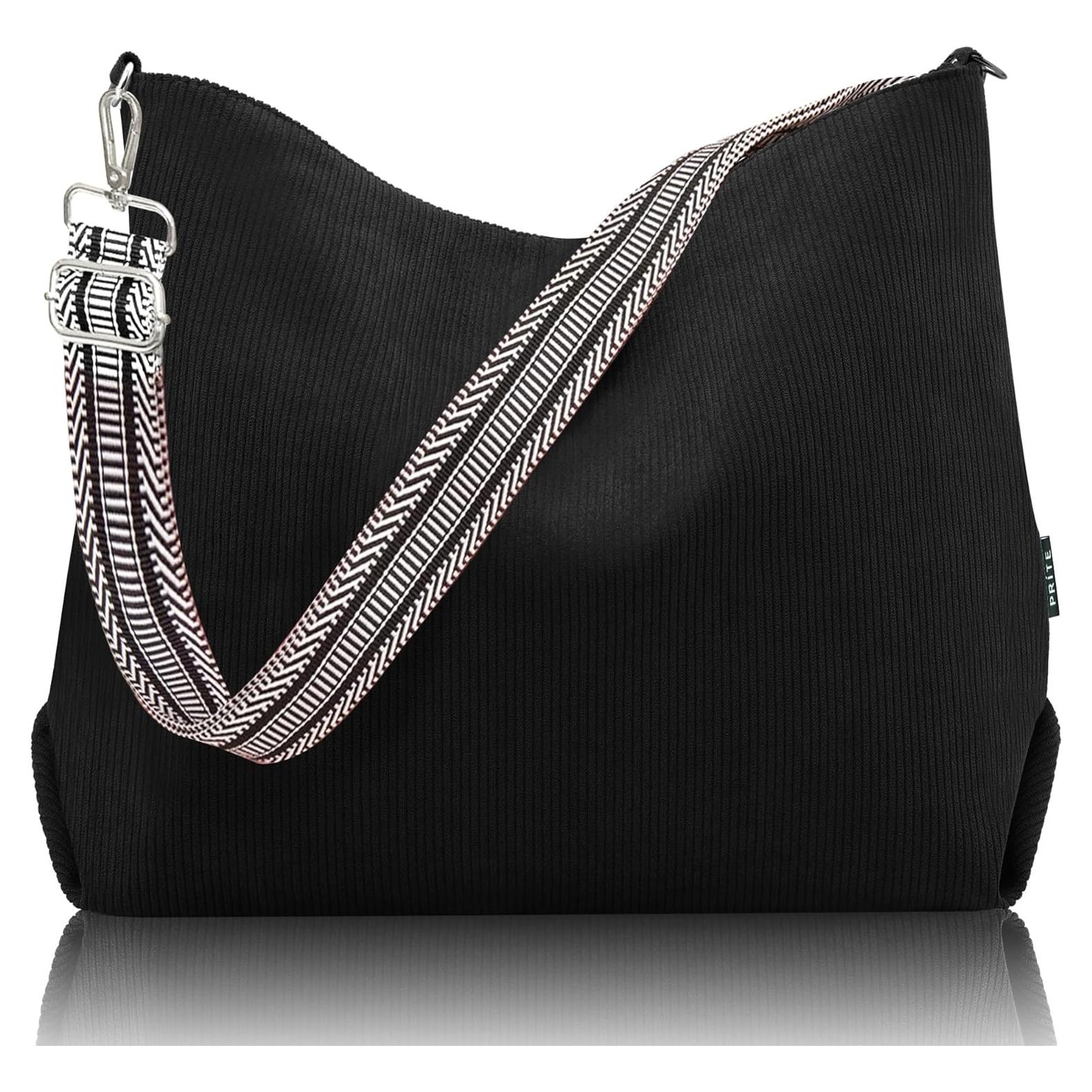 Bolso Tote Prite de Pana Negro con Cremallera y Correa Ajustable