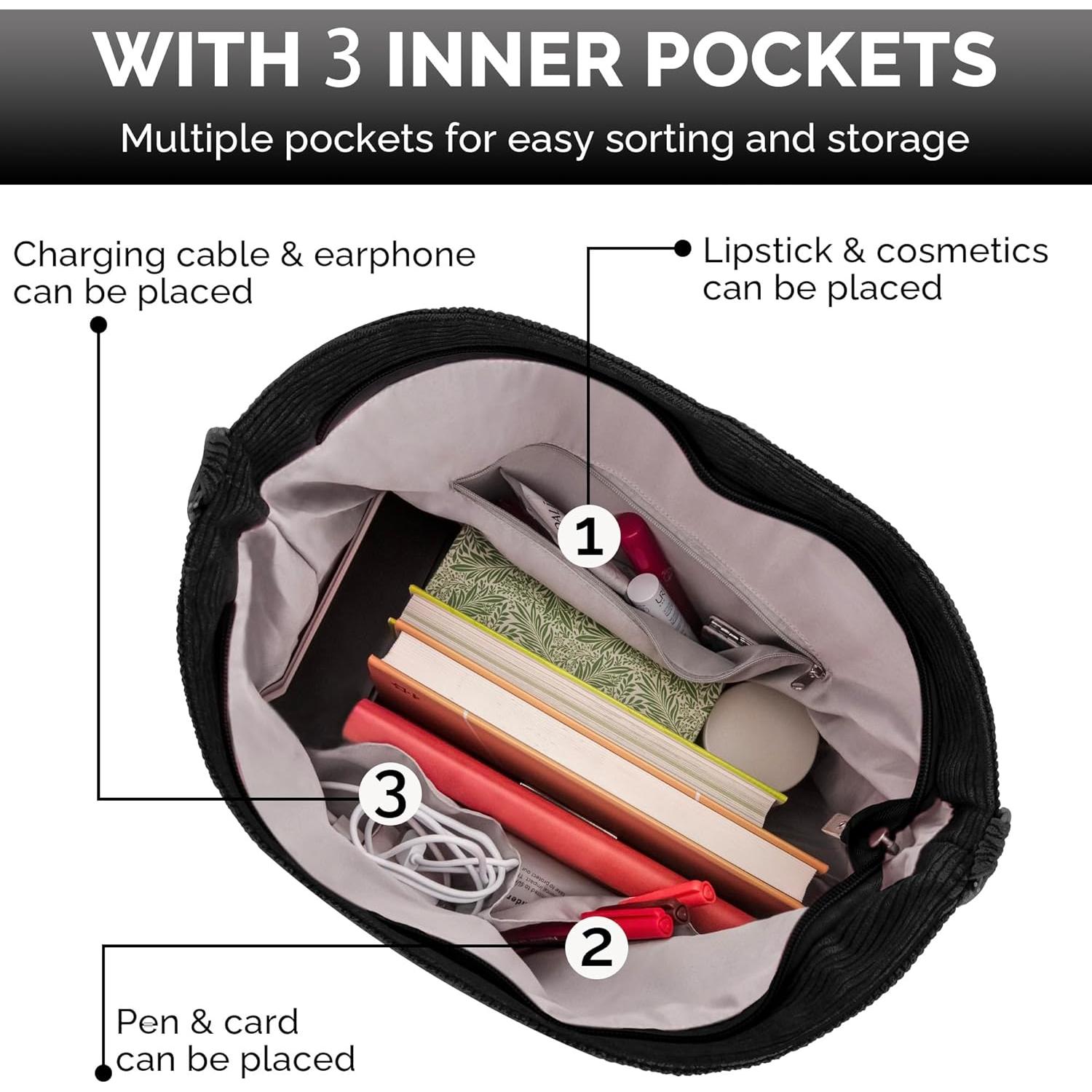 Bolso Tote Prite de Pana Negro con Cremallera y Correa Ajustable