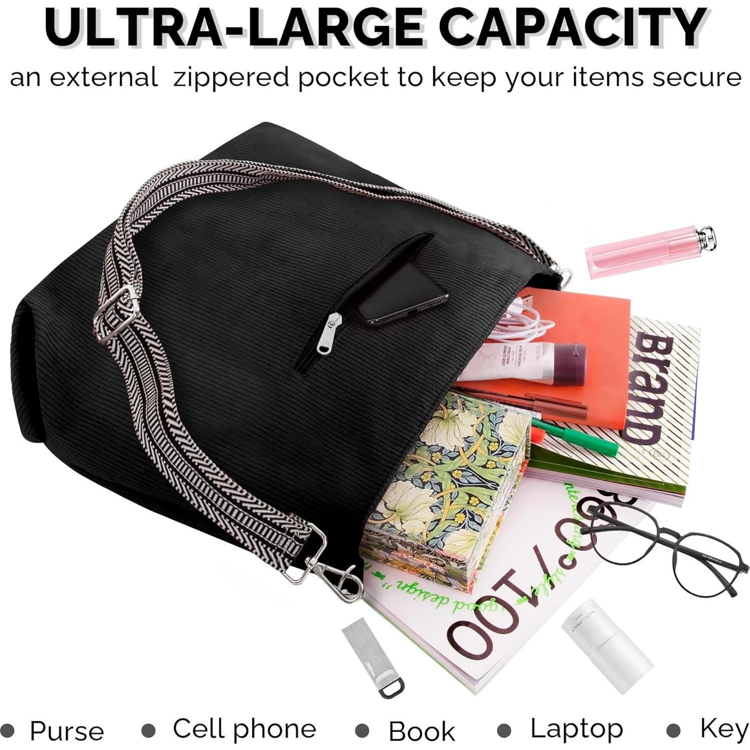 Bolso Tote Prite de Pana Negro con Cremallera y Correa Ajustable