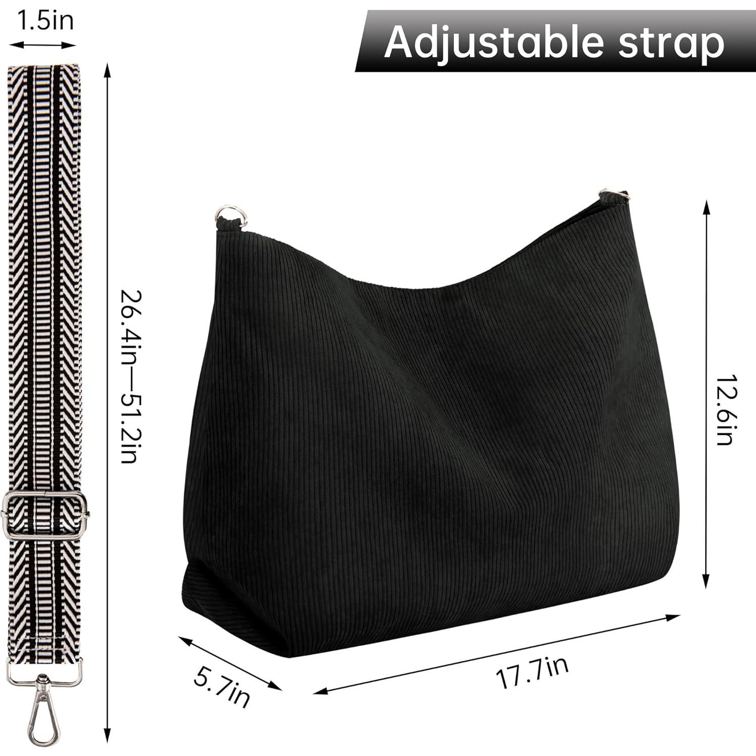 Bolso Tote Prite de Pana Negro con Cremallera y Correa Ajustable