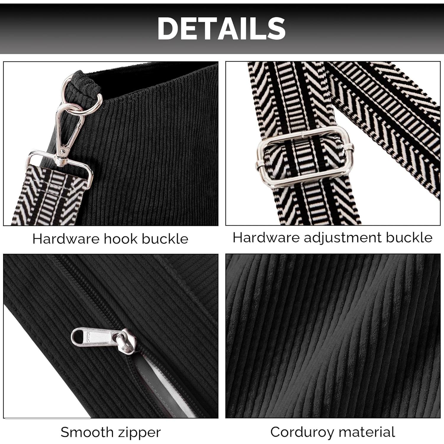 Bolso Tote Prite de Pana Negro con Cremallera y Correa Ajustable