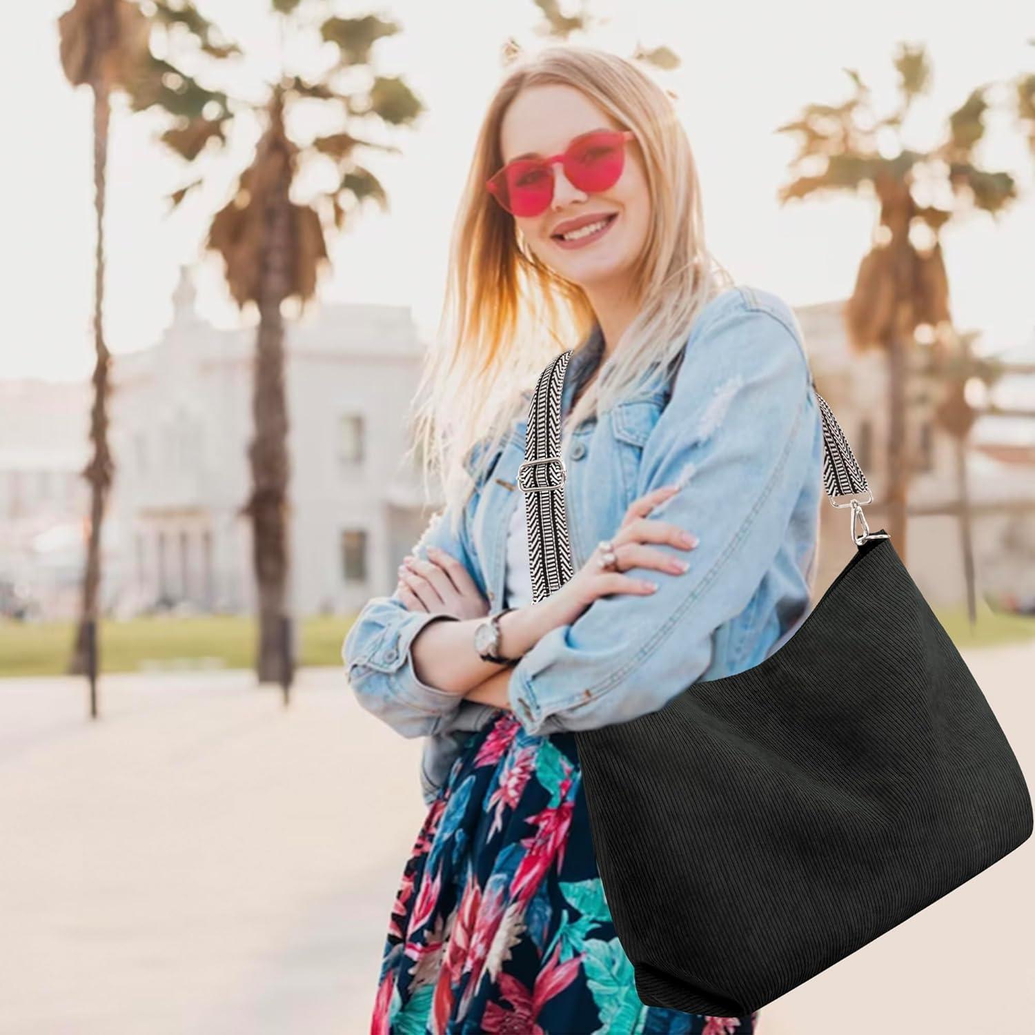 Bolso Tote Prite de Pana Negro con Cremallera y Correa Ajustable