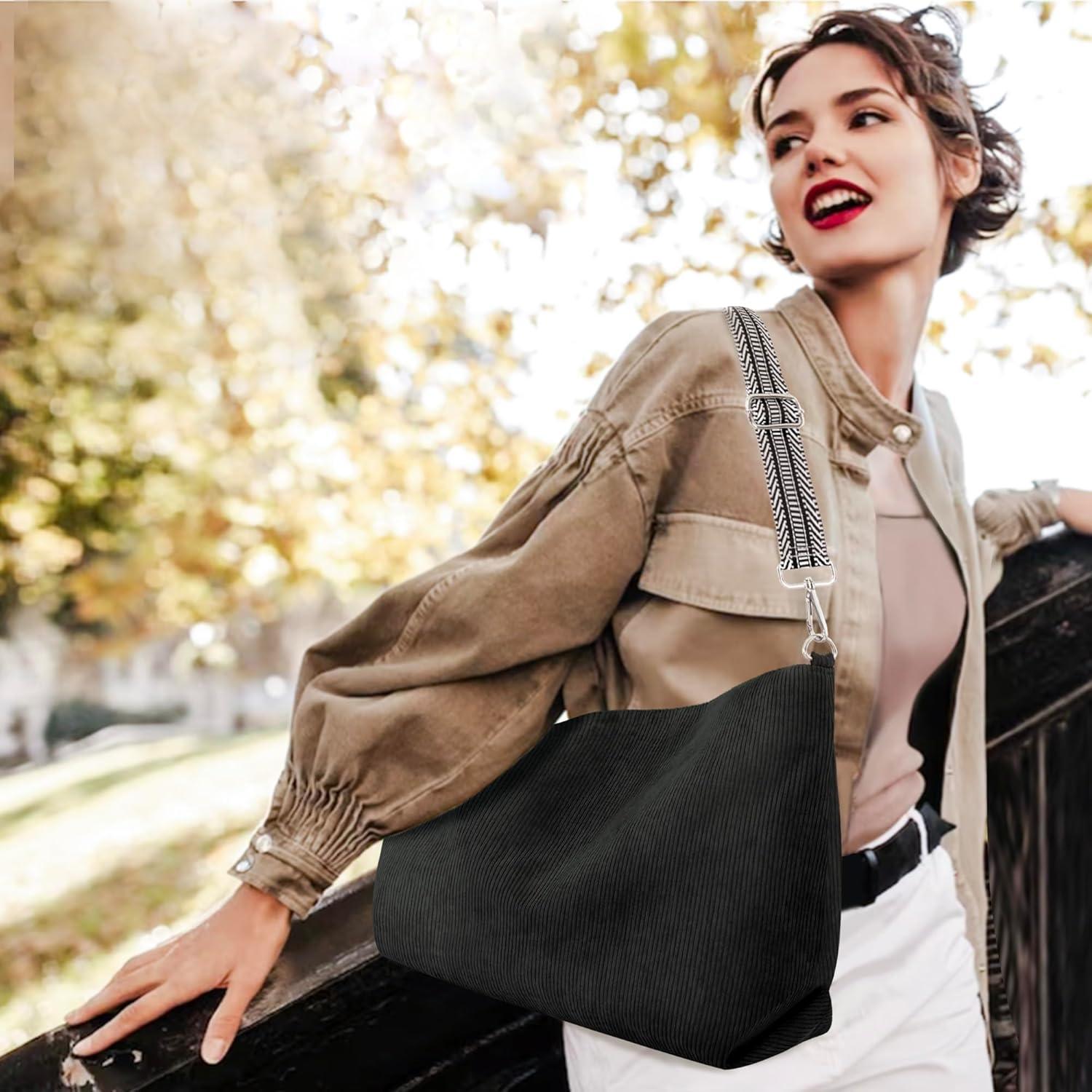 Bolso Tote Prite de Pana Negro con Cremallera y Correa Ajustable