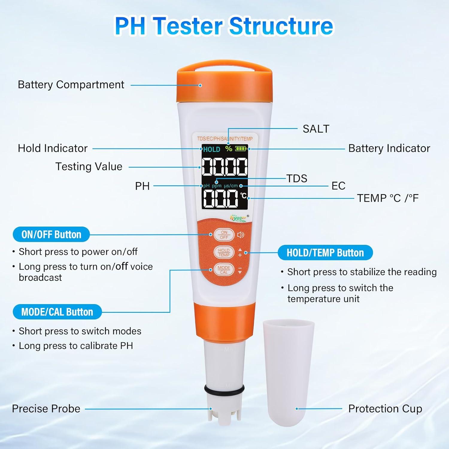 Probador Digital de Agua 5-en-1 Hygger HG239 pH TDS Sal