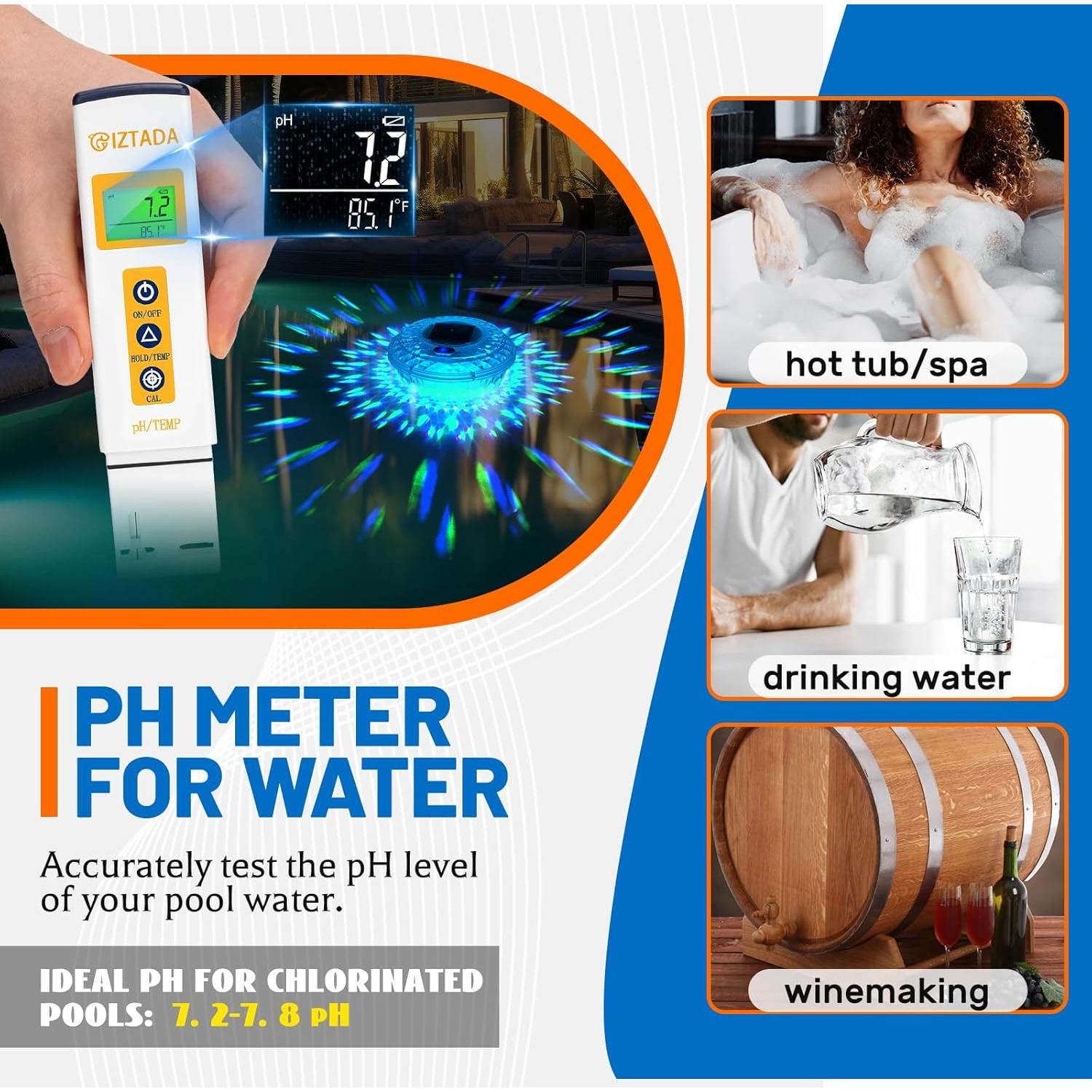 Flotador de Cloro Solar y Medidor Digital de pH para Piscinas